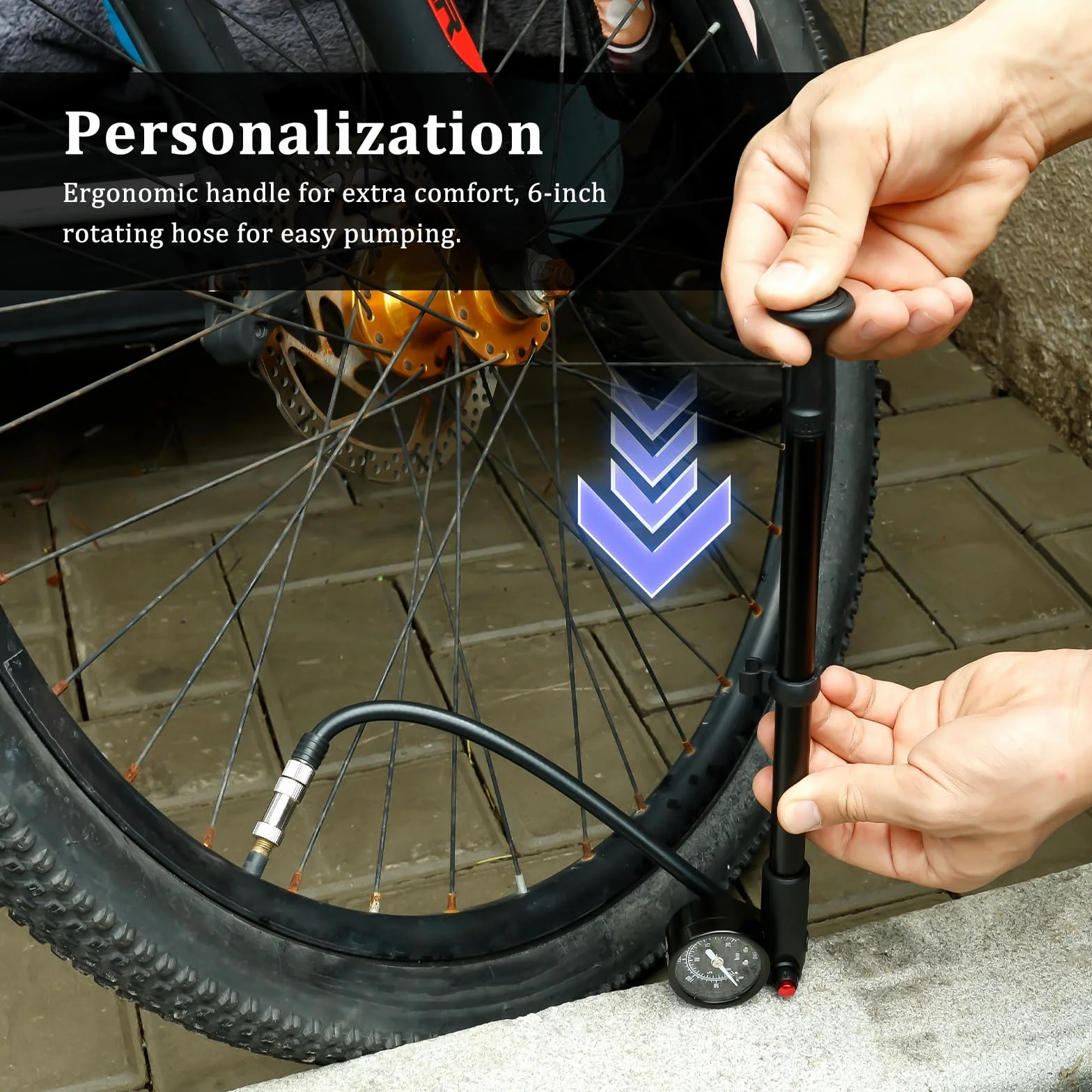 Pompe à Amortisseur 300 PSI avec manomètre, Tuyau Rotatif 360°, Mini Pompe à Fourche Suspension Vélo Moto