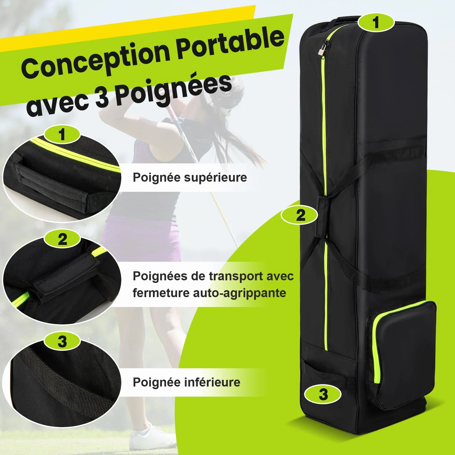 GOPLUS Sac de Golf à roulettes, Poche Latérale, Tissu Oxford Imperméable, Pliable pour Voyage