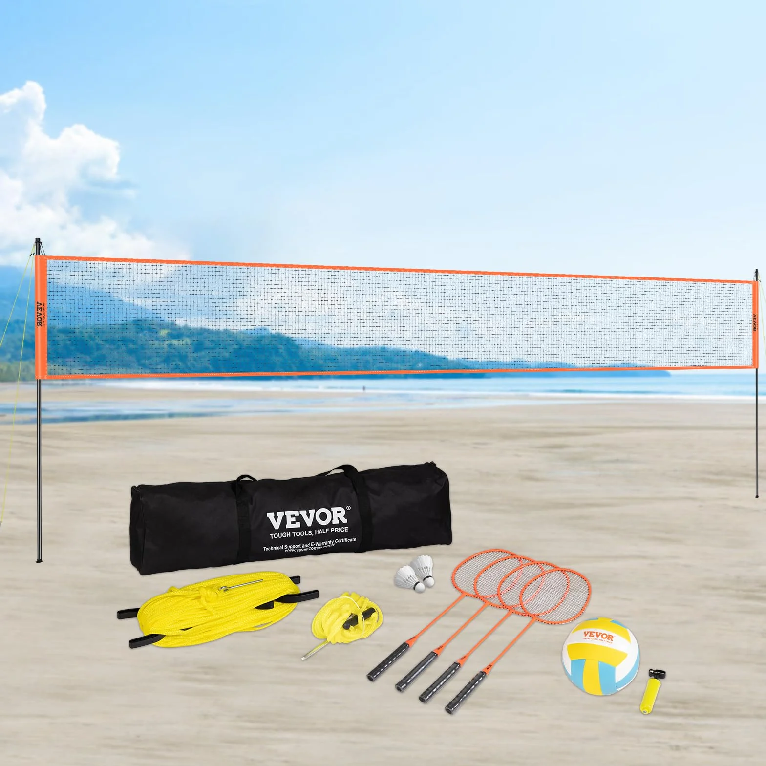 VEVOR Ensemble de Volley-Ball et Badminton, Filet Portable d'Extérieur, Poteaux en Acier Hauteur Réglable, pour Pelouse Plage Jardin
