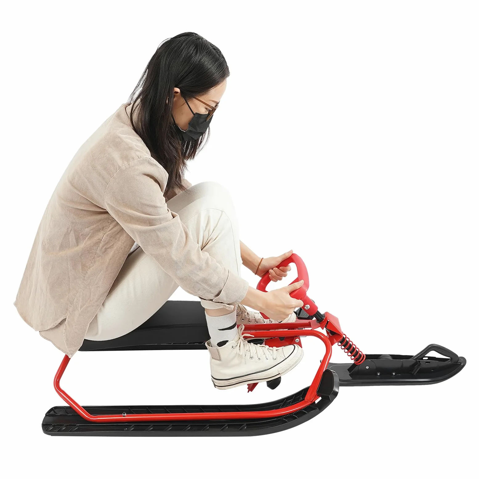 Luge de ski pour enfants avec volant et frein, 50 × 120 × 38 cm, 100 kg, rouge + noir, siège en polyuréthane, luge d'hiver avec ressort et corde de traction, pour enfants, adolescents et adultes à