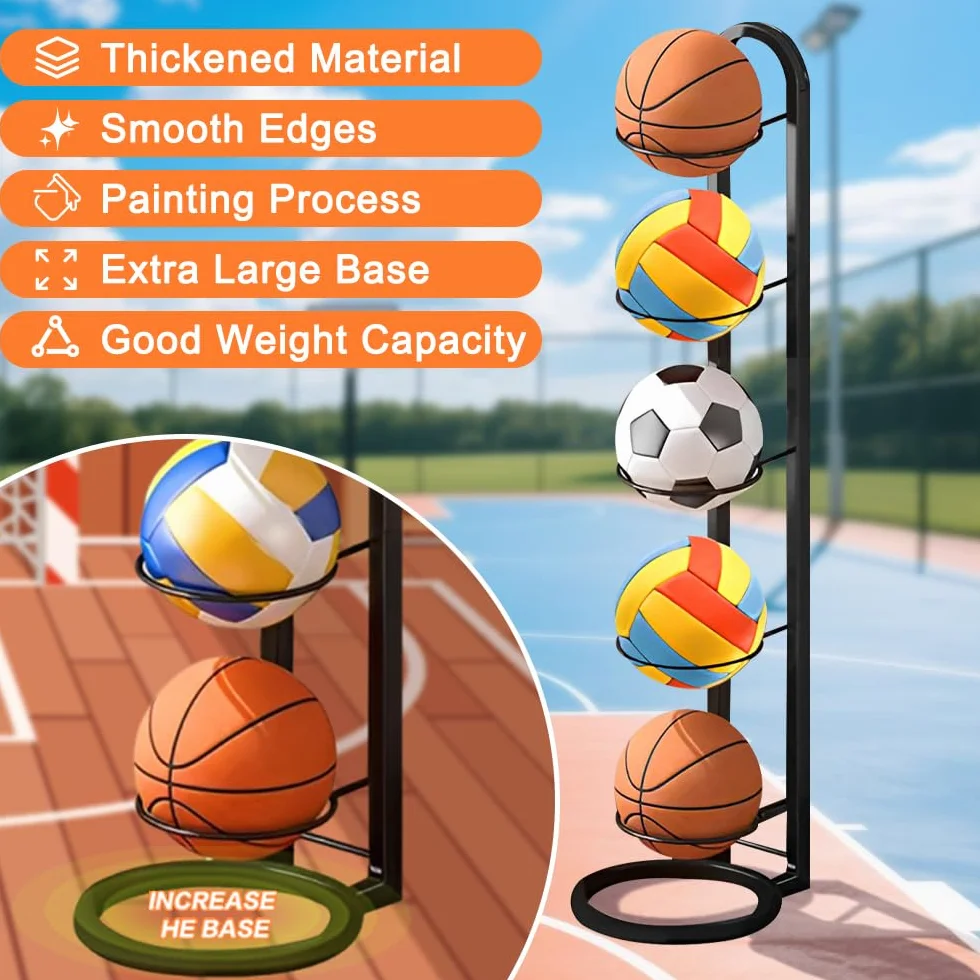 Porte Ballon Basket Métal 5 Niveaux Vertical Support Ballon Organiseur Noir