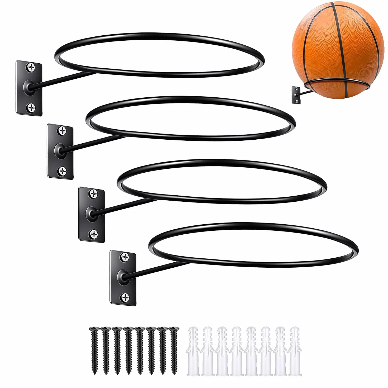 Support Ballon Foot Métal 4 Pièces Rangement Ballons avec Vis Porte Ballon Basket Rugby Football Volley Noir