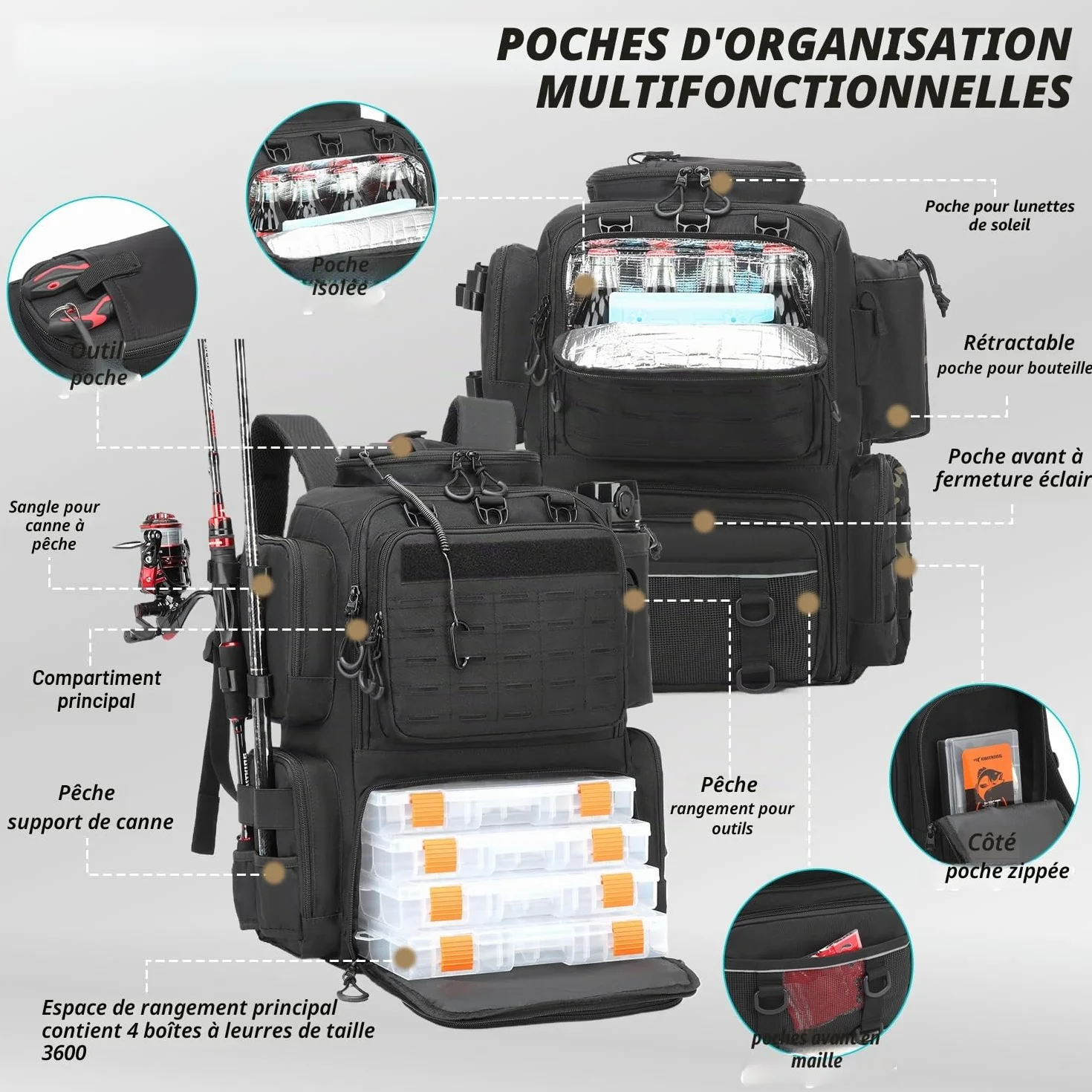 Sac à Dos de Pêche 50L avec Supports de Canne et Compartiment Réfrigéré Résistant à l'eau Noir