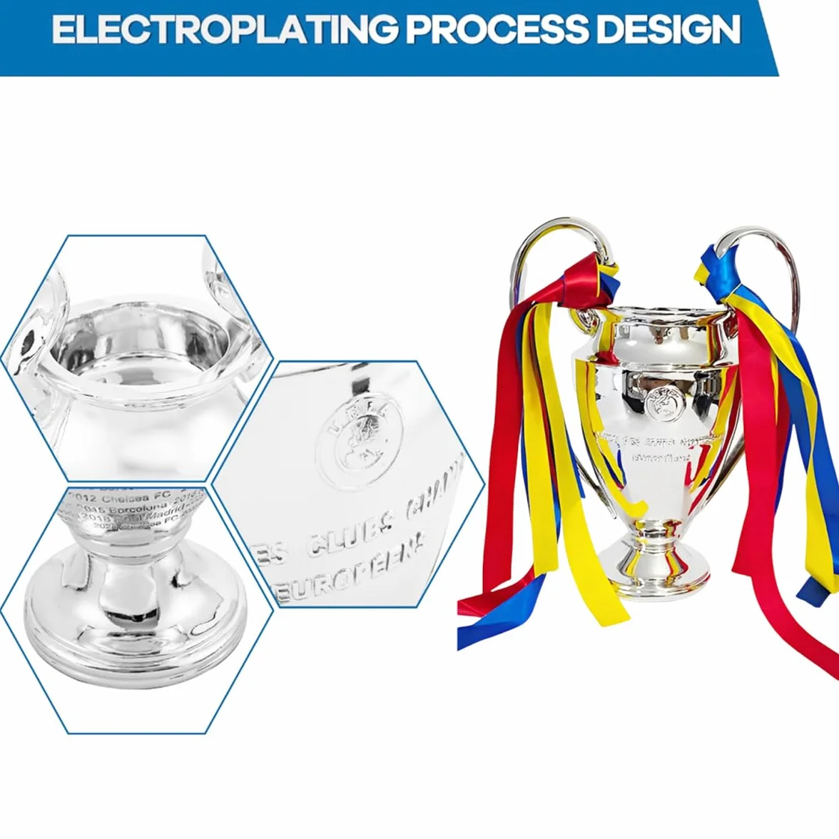 Réplique Trophée de la Ligue des Champions,Trophées des Champion d'europe De Football avec 3 éVentails De Rubans De Couleur Décorations pour La Maison Collection Ornements D'affichage,32cm