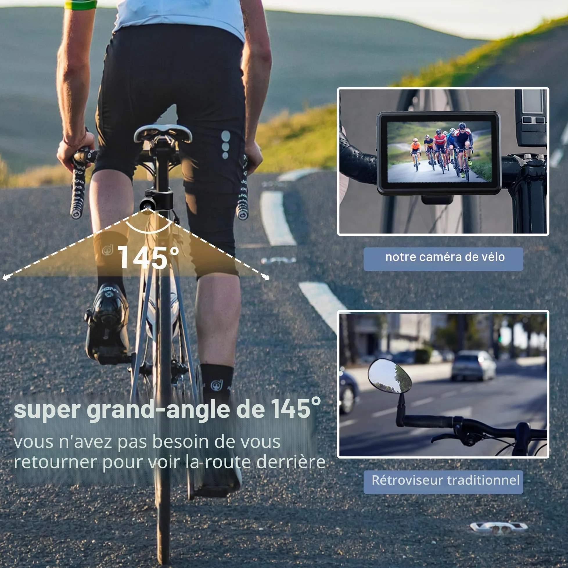FEISIKE Rétroviseur de guidon de vélo, caméra de recul avec fonction de vision nocturne HD de 10,9 cm, grand angle de vue de 145°, support rotatif réglable, compatible avec vélo, montagne, vélo de