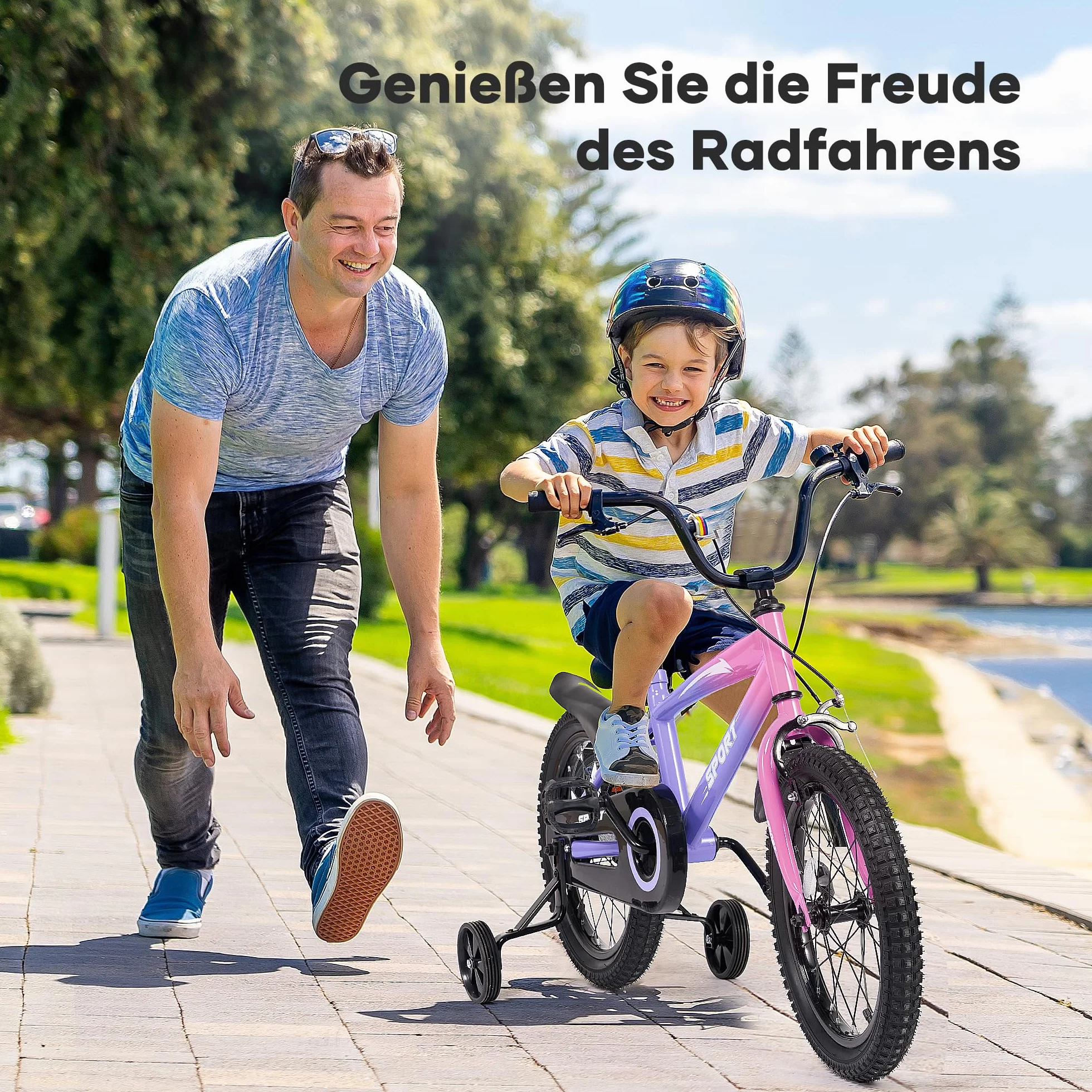 BODIOO Vélo enfant 14 pouces garçon fille roues stabilisatrices cadre stable siège réglable frein arrière frein à main 94-107 cm