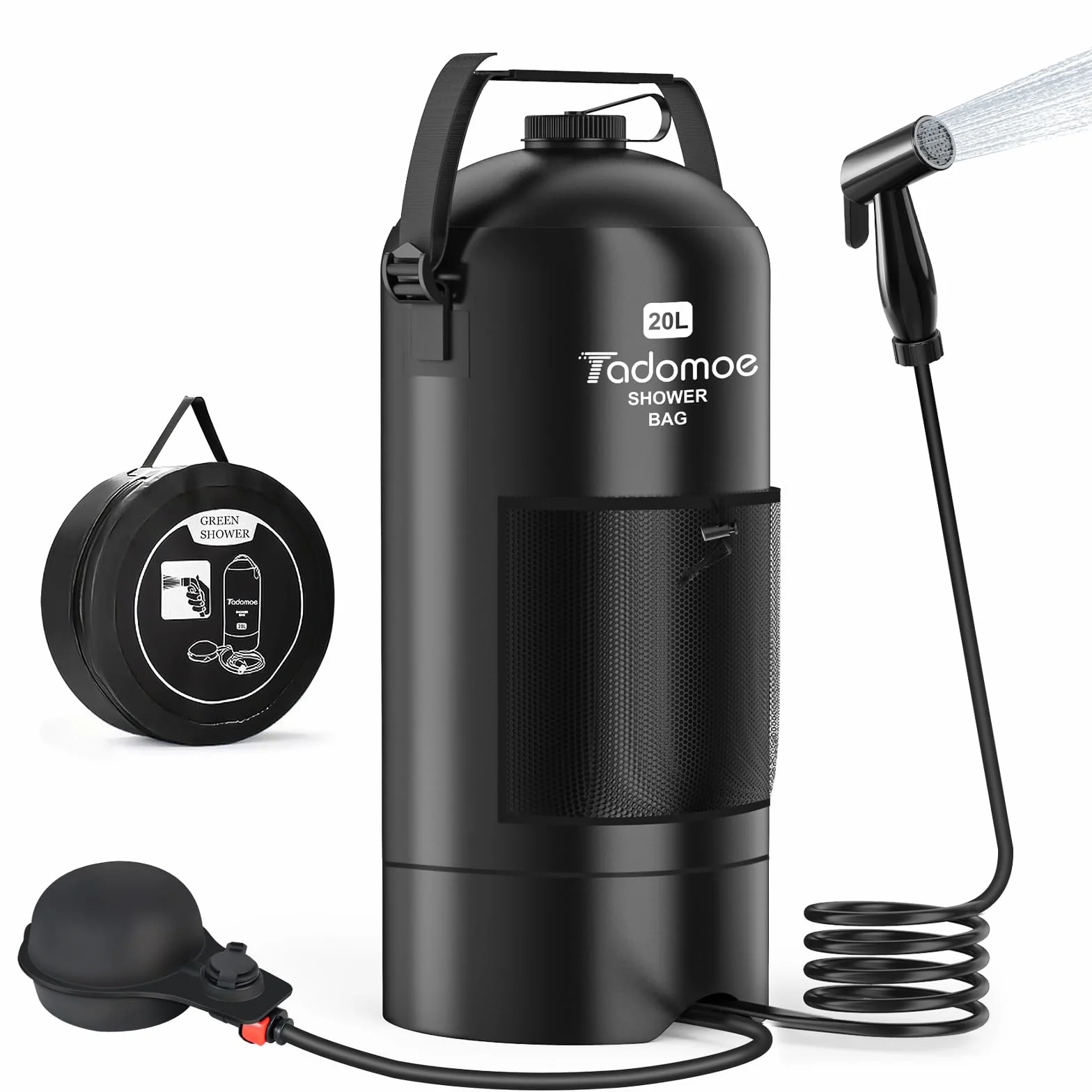 Douche Solaire Camping Portable 20L avec Pompe à Pied et Tuyau 2m - Sac de Douche Extérieur Pliable