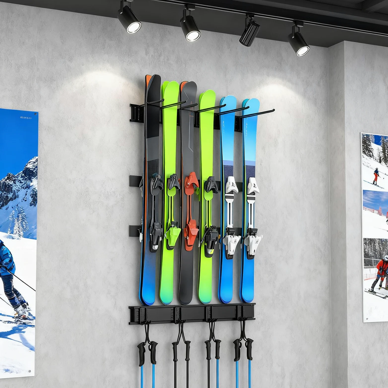 Support mural pour skis de garage - Avec 6 crochets, robuste et | antidérapant, support de snowboard - Pour équipement d'hiver, accessoires de sport, maison, cave, abri de jardin