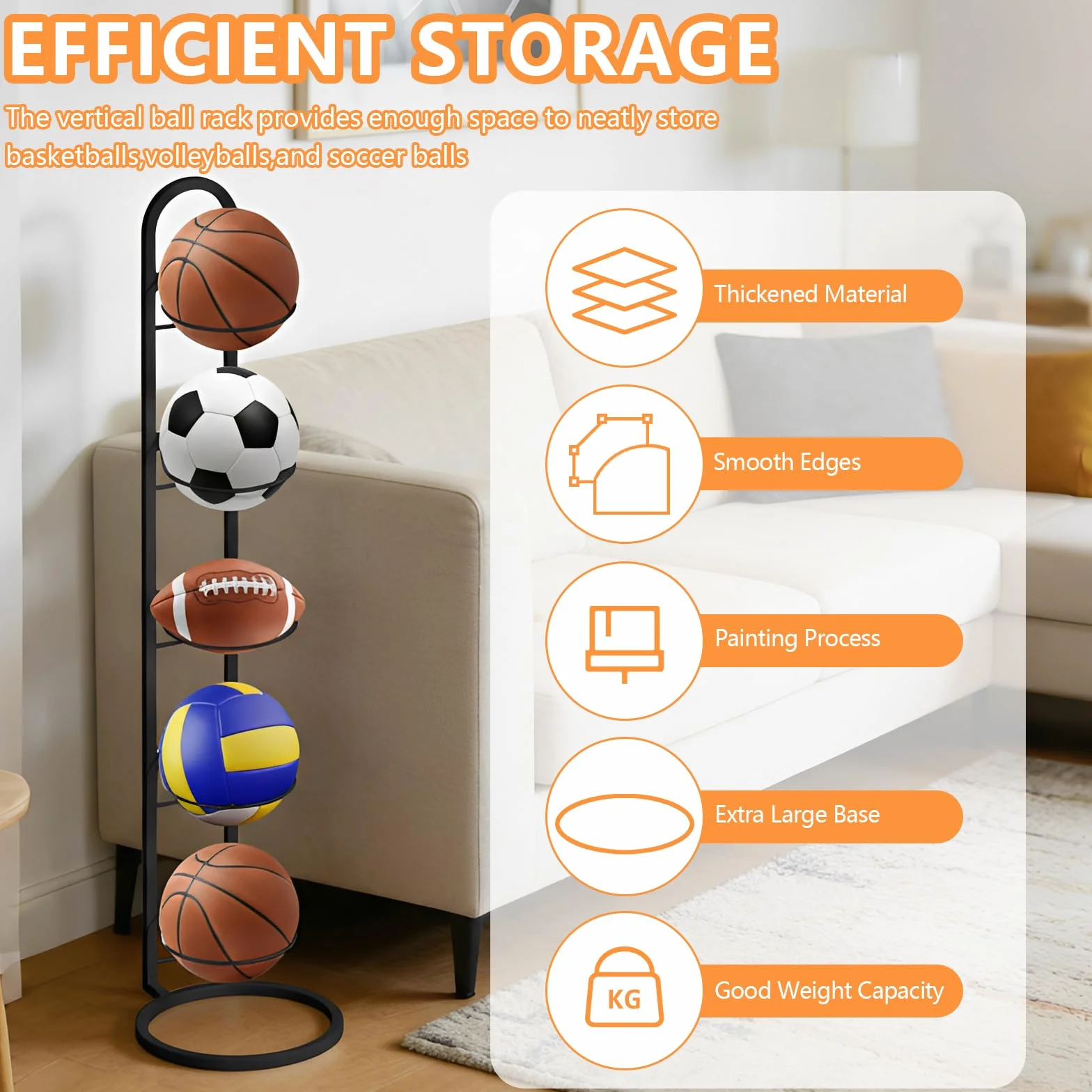 Support de balle en métal noir 5 niveaux, rangement debout pour ballons de football et volley-ball