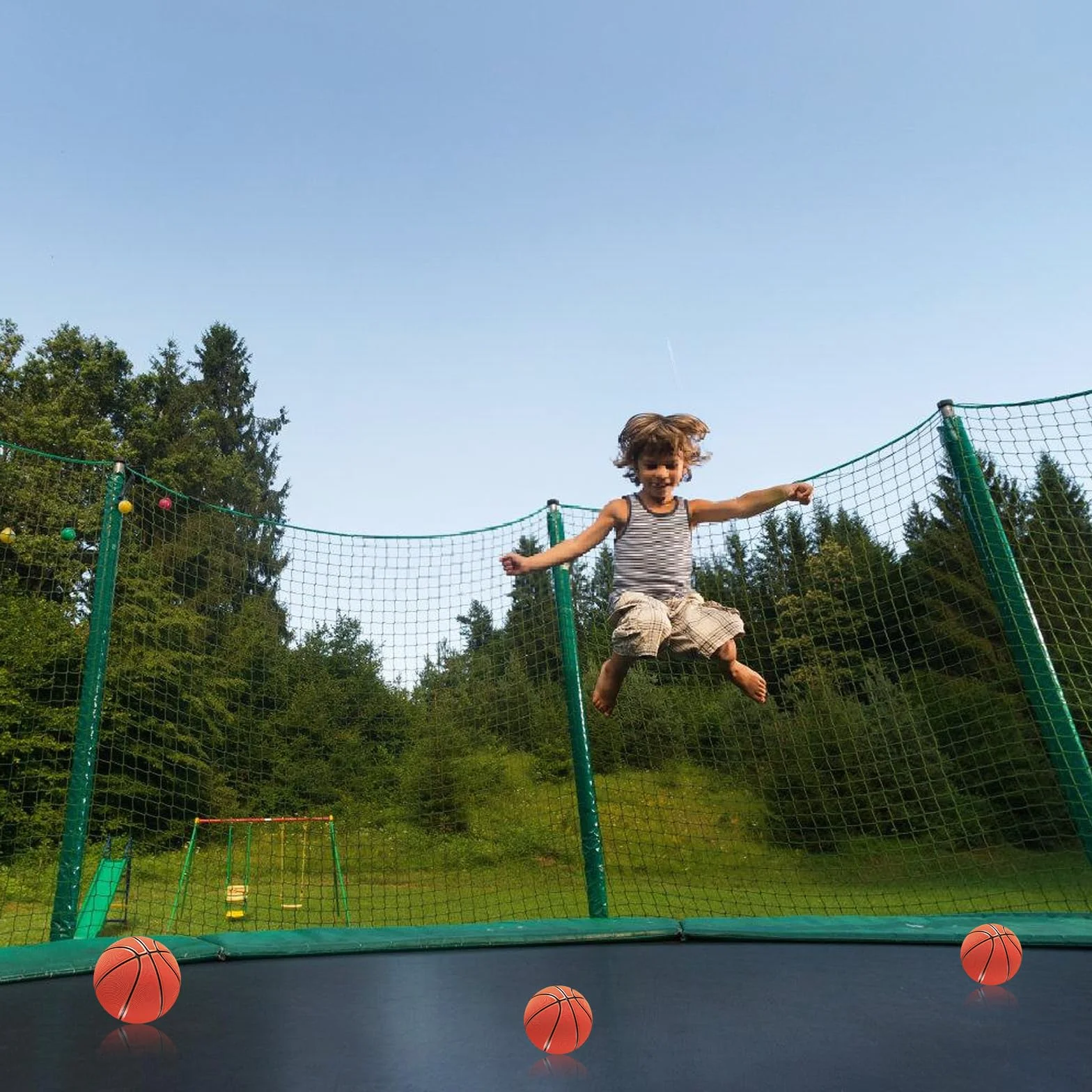 Panier de Basket pour Trampoline Intérieur avec 4 Ballons et Pompe, Support avec Protection Solaire