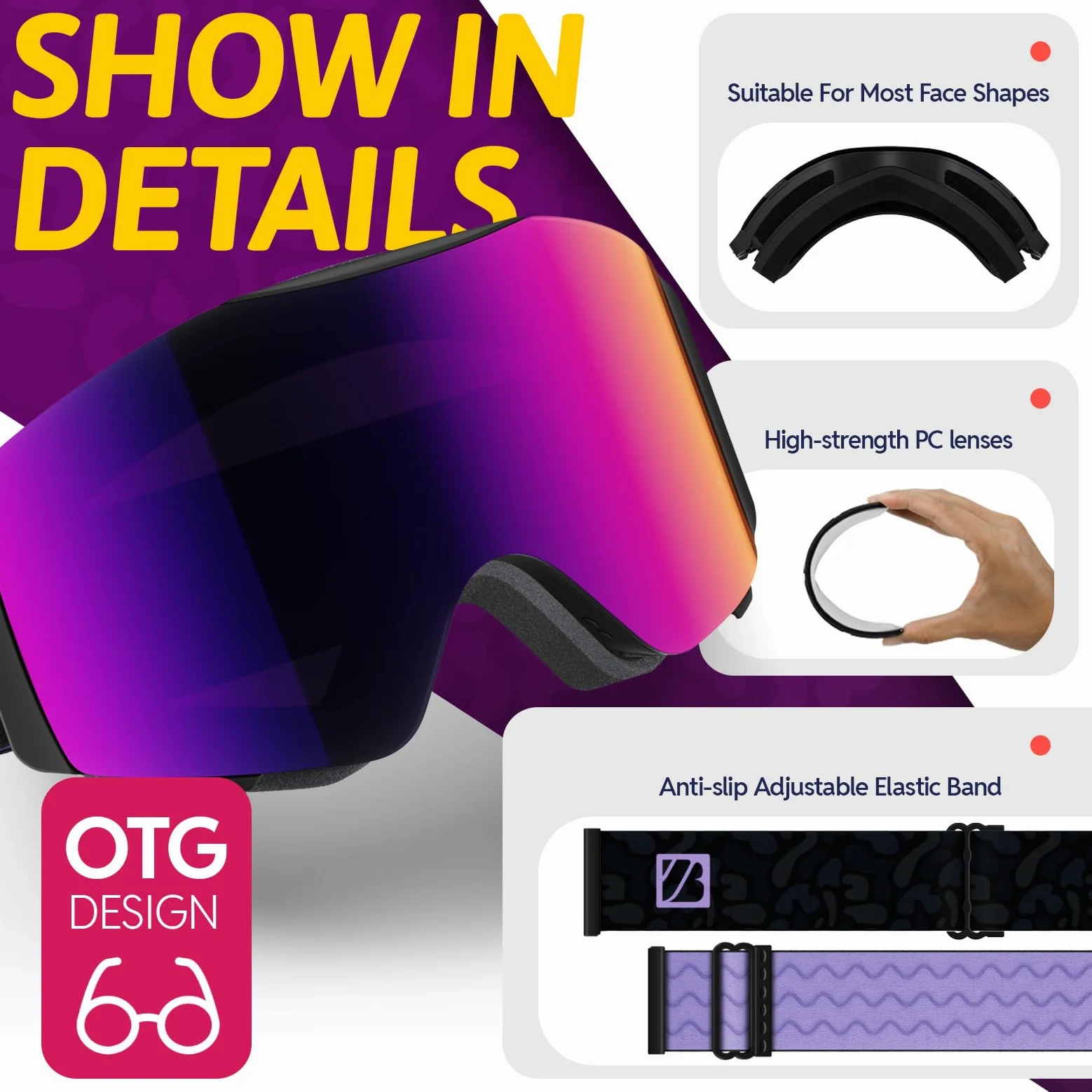 JUBAO Lunettes de ski Flip-Up pour homme et femme, anti-buée, magnétique, OTG pour désembuage instantané, protection UV400