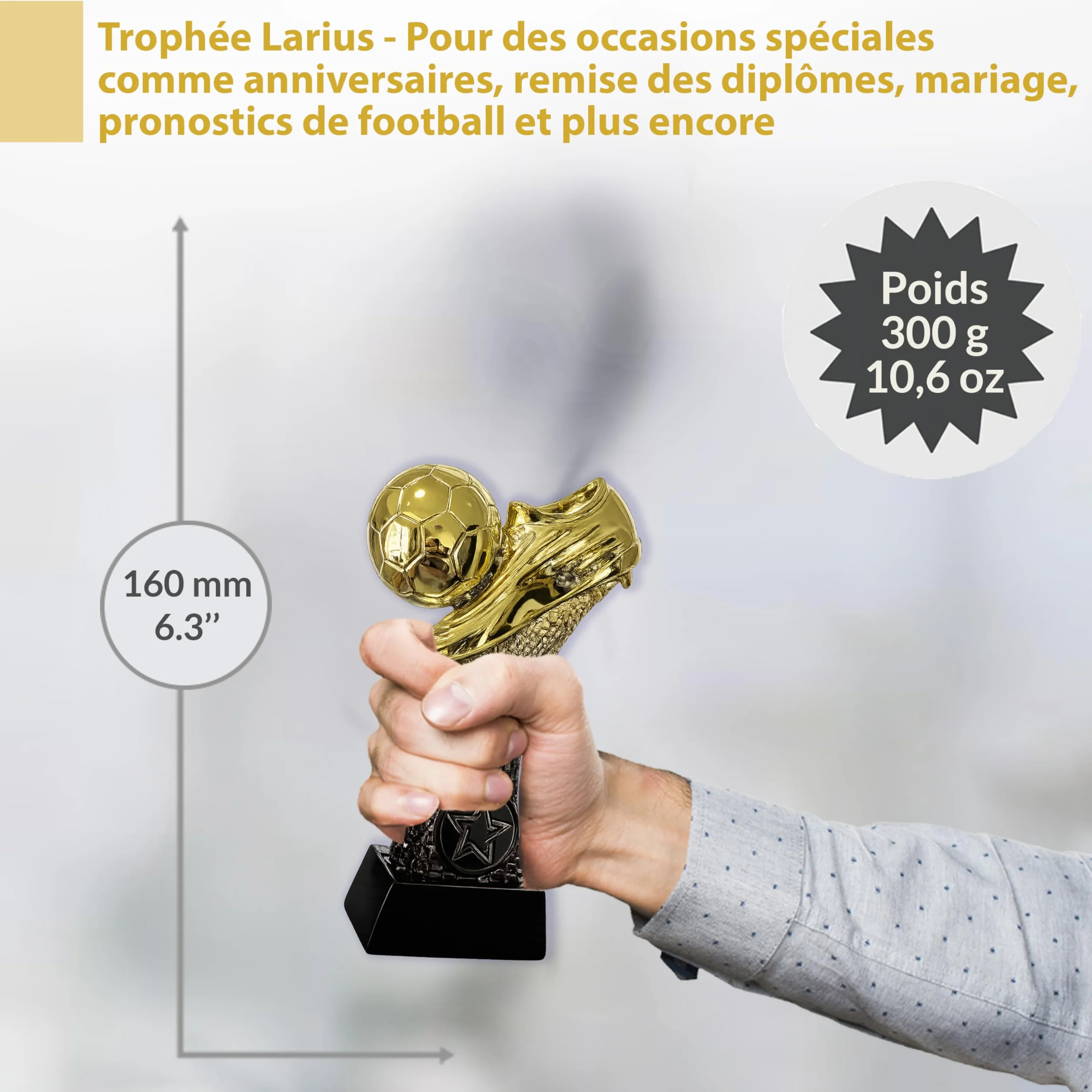 Larius Trophée de football 16 à 21,5 cm (300 à 500 g) - Coupe de vainqueur avec/sans gravure - Coupe de football pour enfants et adultes - Tournoi MVP, récompense - F6
