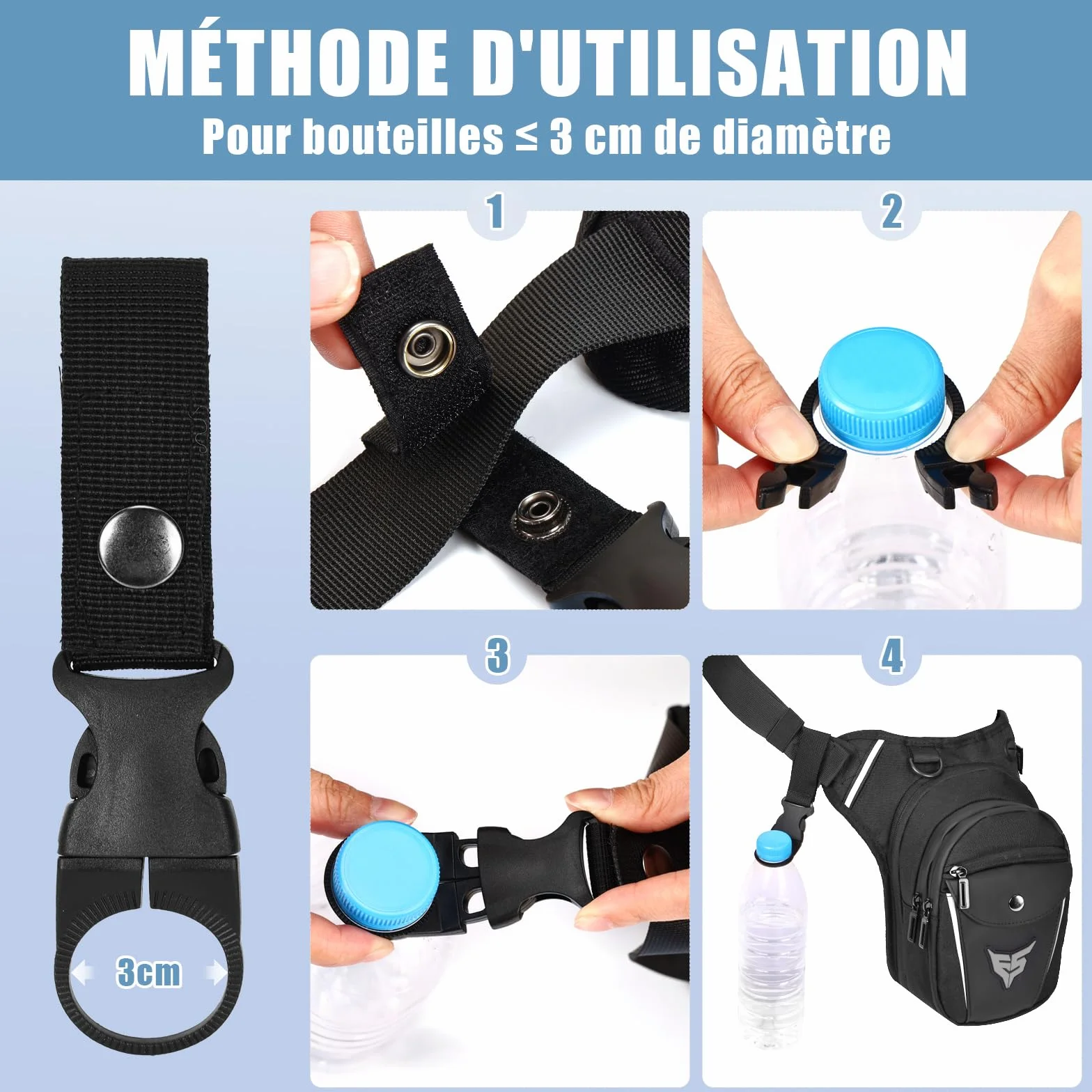 Eshow Sacoche de Jambe Moto Capacité Extensible, Sac Banane Femme Homme avec Bande Réfléchissante, 1 Clip à Gourde, 2 Mousquetons pour Randonnée Pêche