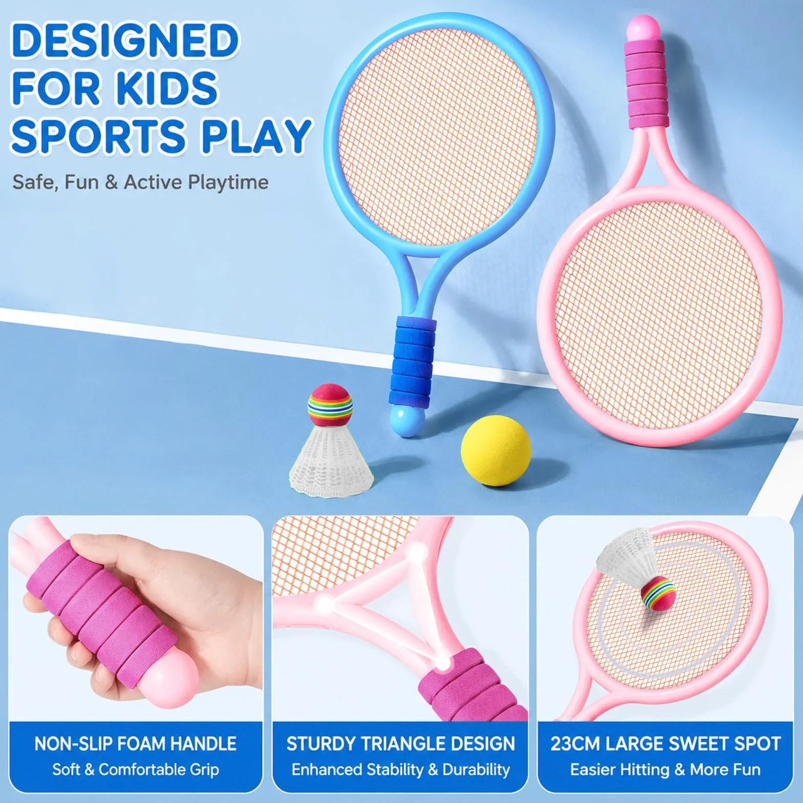 Federball Set Kinder mit 3 Badmintonbälle und 3 Tennisbälle, Tennisschläger Badminton Raquette Spielzeug