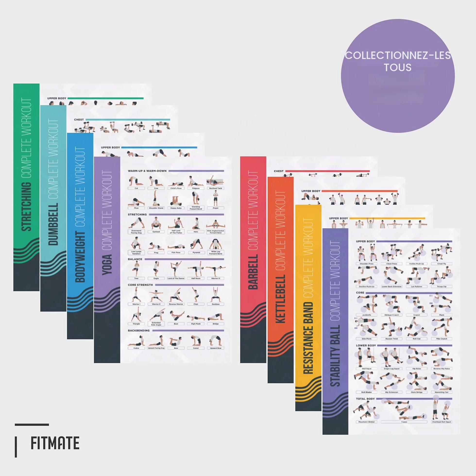 PosterMate 8 Posters Fitness Exercices Entrainement Haltère Affiche Routine Sportive Poids Libres 51x76 cm