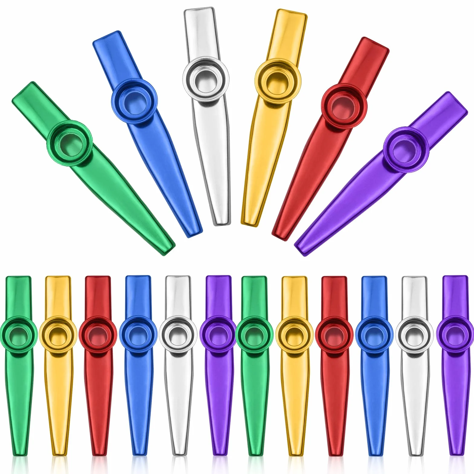 Ensemble de 18 Kazoos en plastique, Instrument de musique, Multicolore (Or, Argent, Vert, Rouge, Bleu)