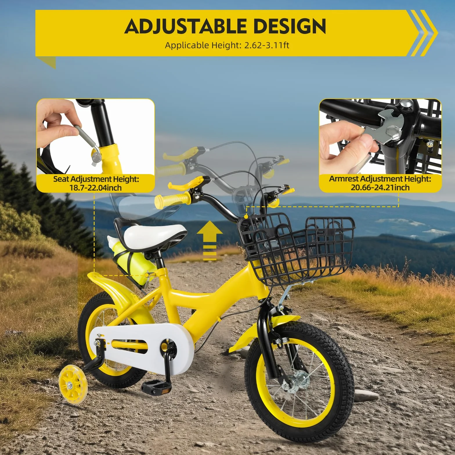 Vélo Enfant 12 Pouces Roulette Panier Siège Réglable Hauteur 50 Kg Cadre Robuste Garçons Filles 2-4 Ans