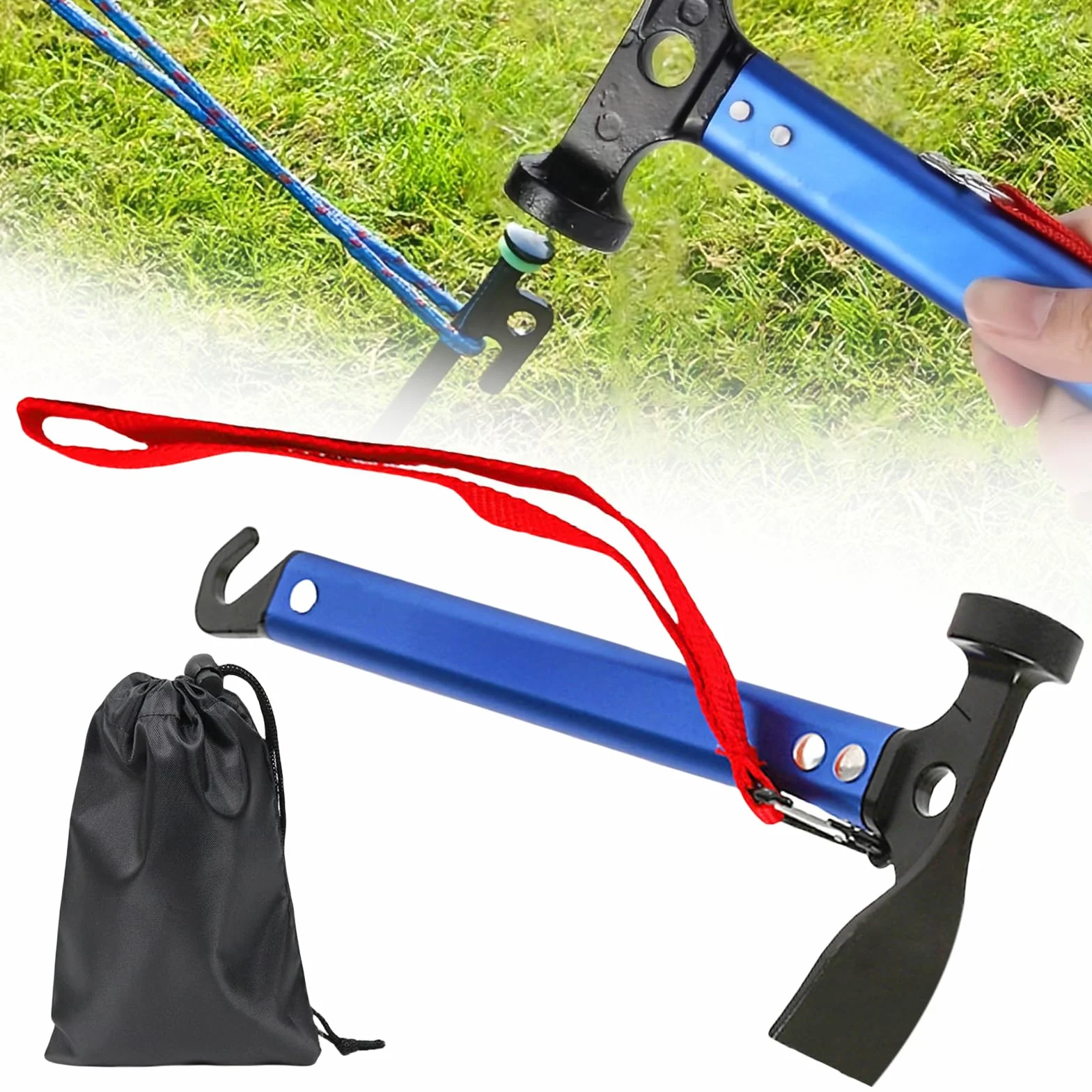 Marteau de camping en aluminium 30,5 cm avec crochet et mini houe multifonctionnel bleu sac de rangement