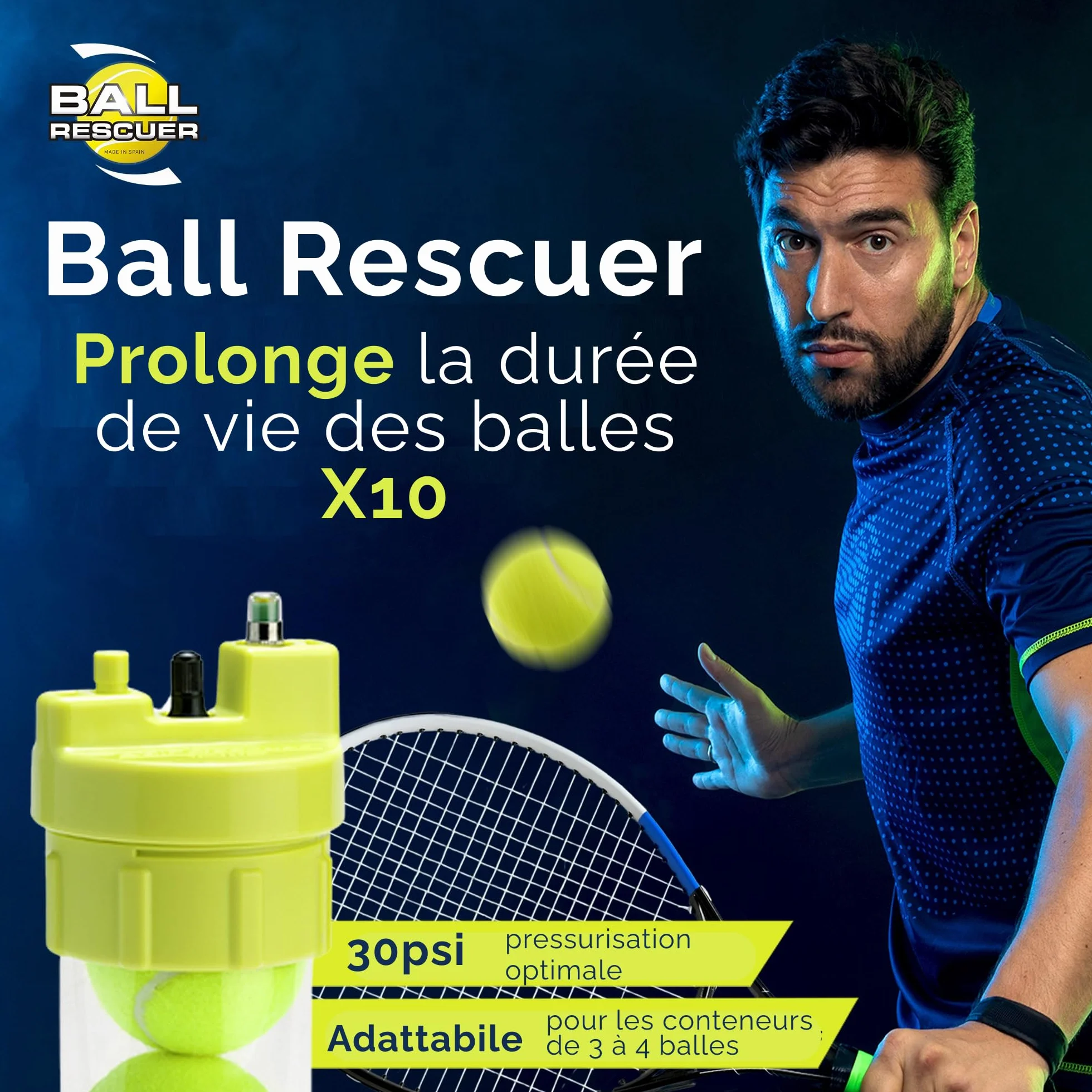 BALL RESCUER Pressuriseur 30 psi Adaptable aux Contenants 3 ou 4 Balles Padel Tennis