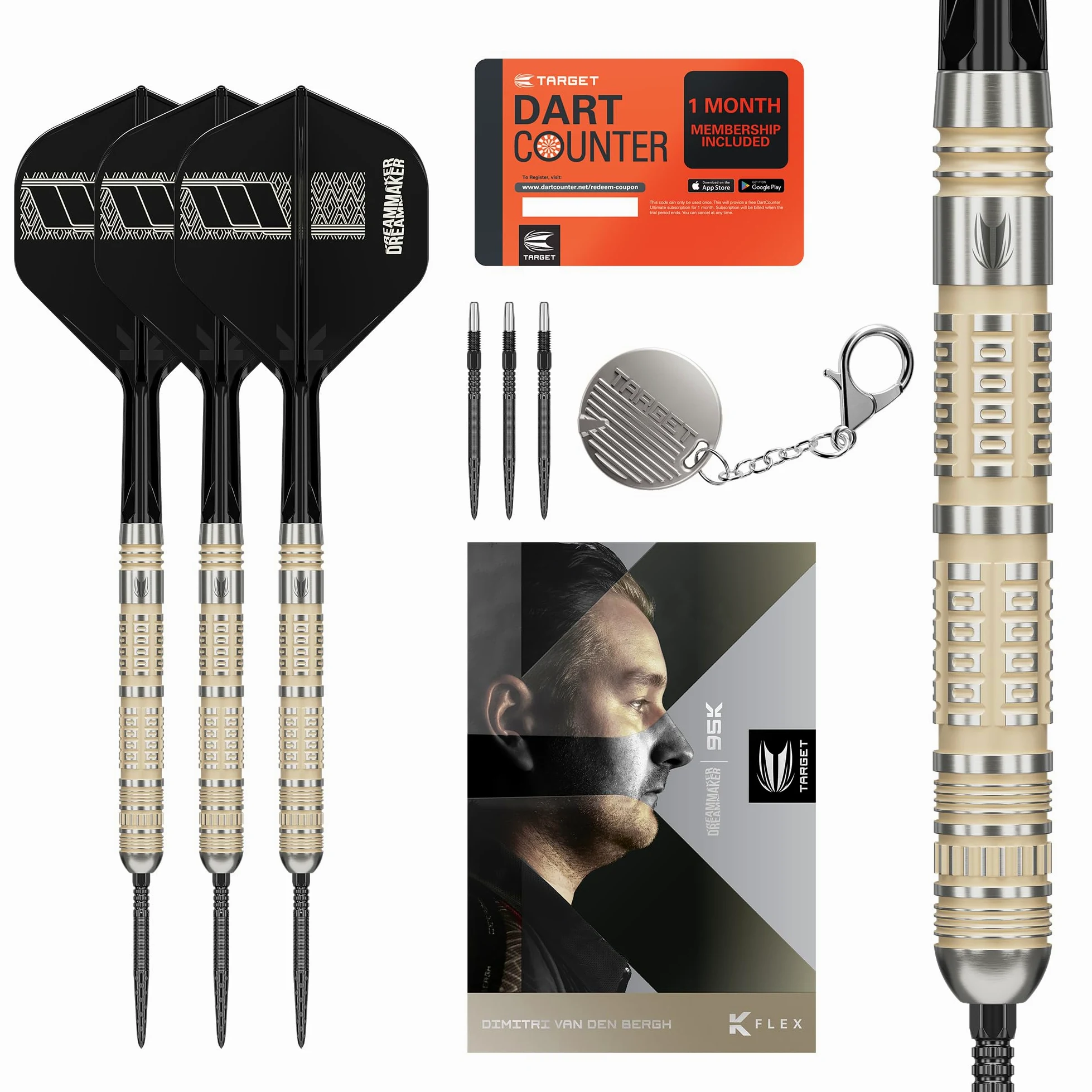 Target Darts Dimitri Van den Bergh Jeu de Fléchettes 95K à Pointe en Acier, 22G/23G/24G | Fléchettes 95% Tungstène, Ailettes Tige K-Flex N° 2, Pointes Swiss DX Noires Outil SP Inclus | Édition Joueurs