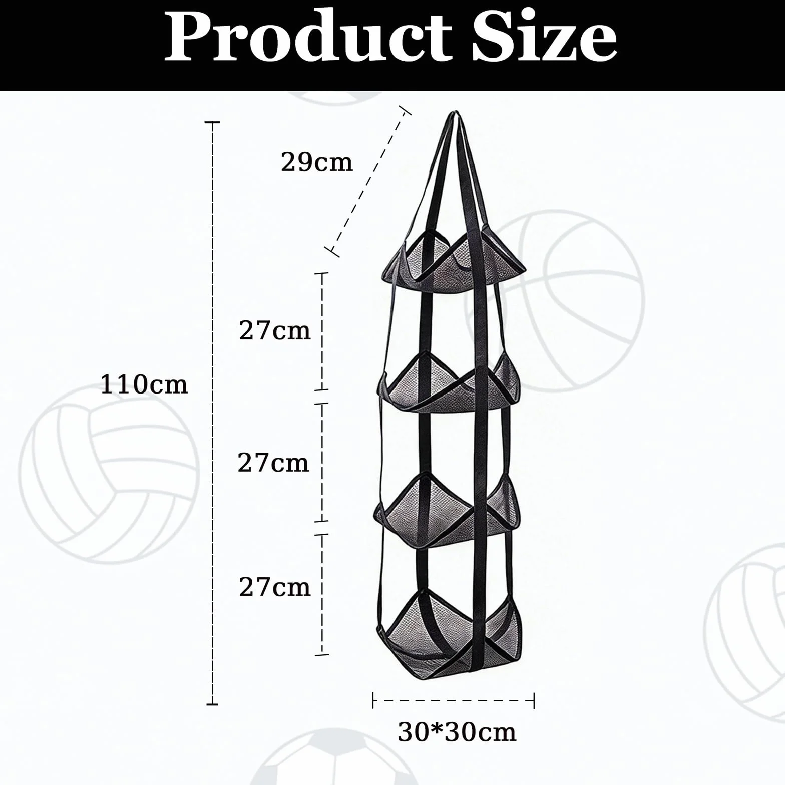 Rangement Ballon Mural Suspendu 4 Niveaux, Support Ballon en Nylon pour Basketball Football Volleyball, Organisateur Garage Cave (Noir)