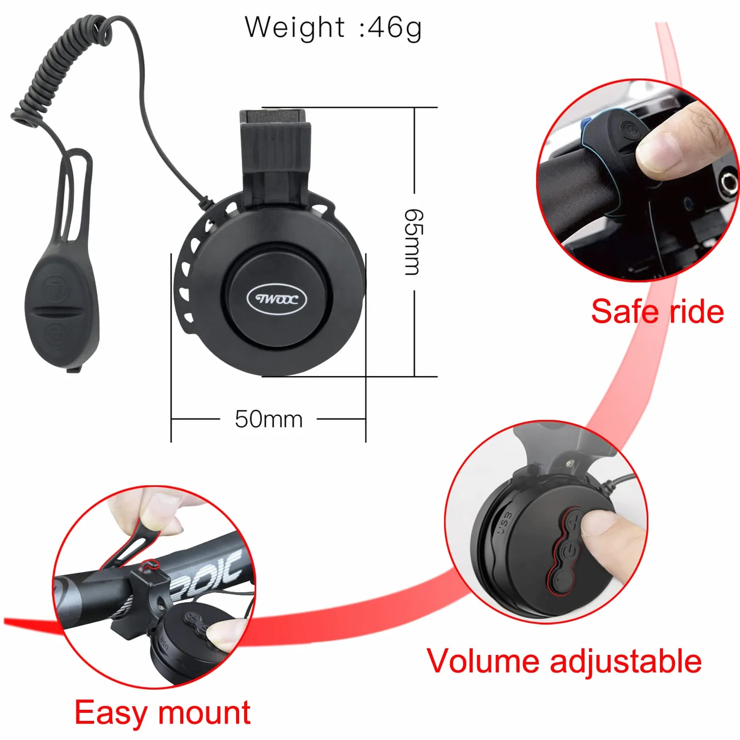Sonnette Vélo Électrique 100dB Réglable USB Rechargeable Étanche 4 Modes VTT