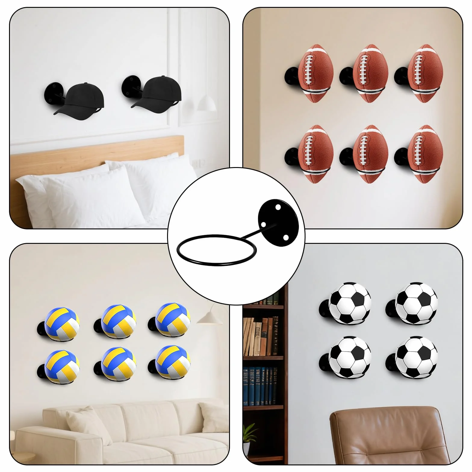 Porte Ballon Basket Supports Mural 4 Pièces, Rangement Ballons Football Volley, Noir