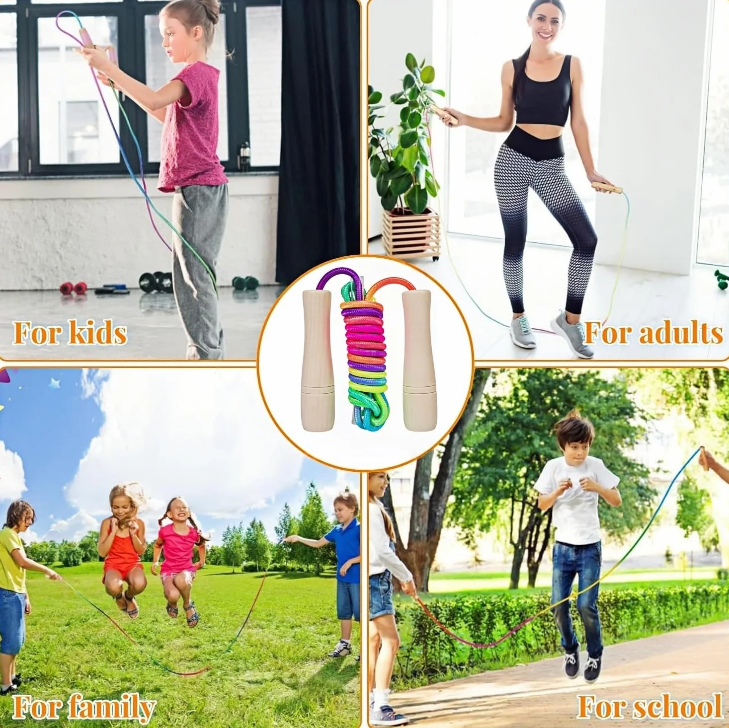 Corde à Sauter Arc-en-ciel Réglable avec Poignée en Bois pour Enfants 2.5M