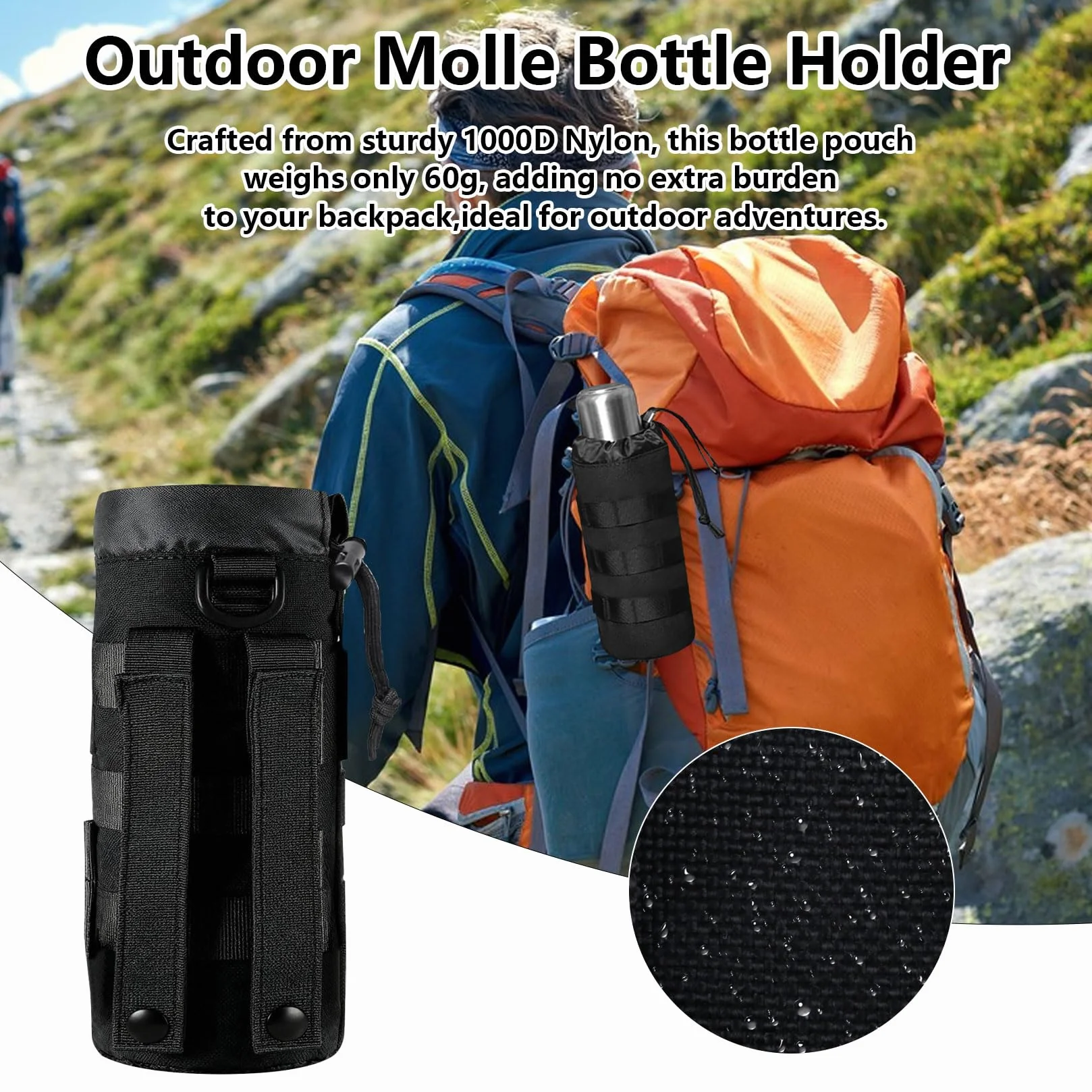 Lot de 2 Porte-Bouteilles Tactiques pour Ceinture Molle, Sac à Dos Portable avec Cordon de Serrage, Camping + 2 Mousquetons