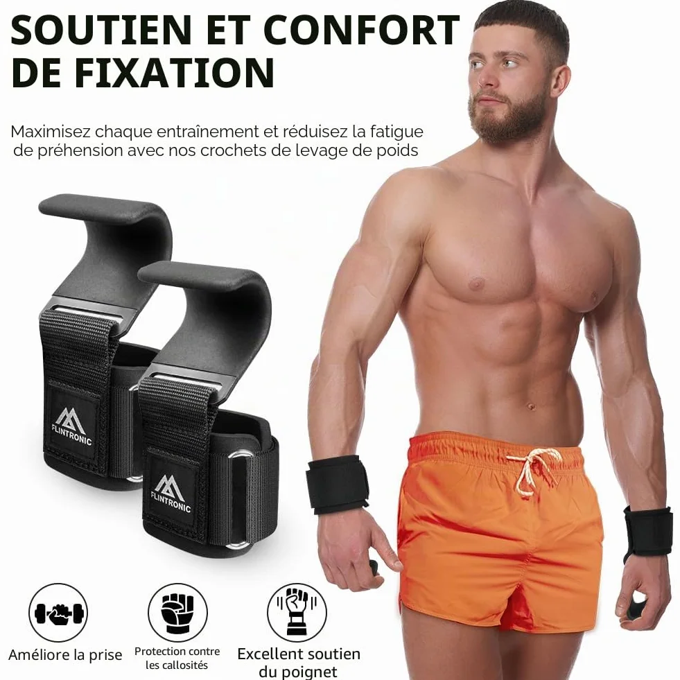 Flintronic Crochets d'haltérophilie 8 cm Néoprène Rembourré Bandage Poignet pour Powerlifting Levage Tirage Barre Crossfit