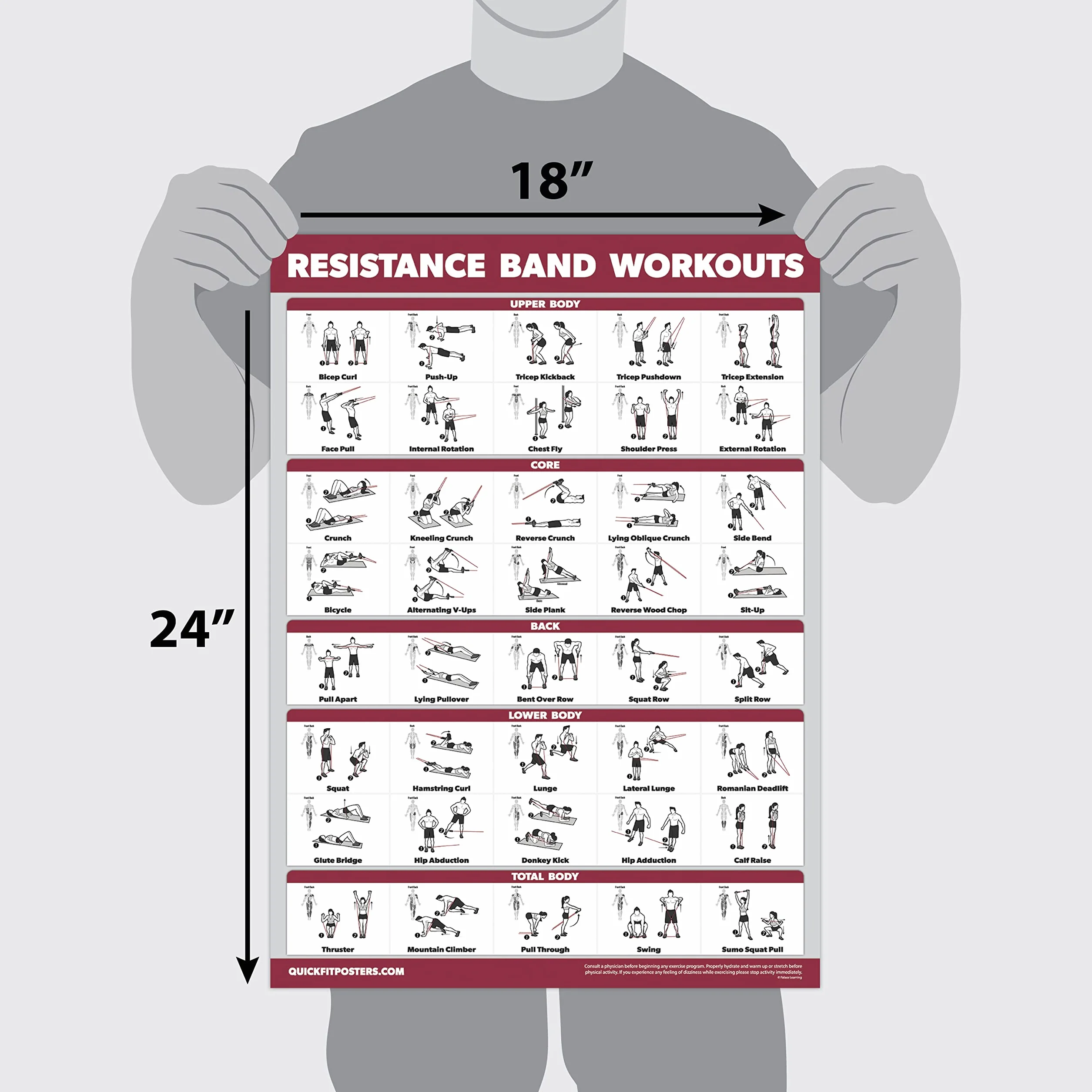 QUICKFIT Affiche d'exercice d'entraînement avec bandes de résistance double face laminé 45,7 x 68,6 cm