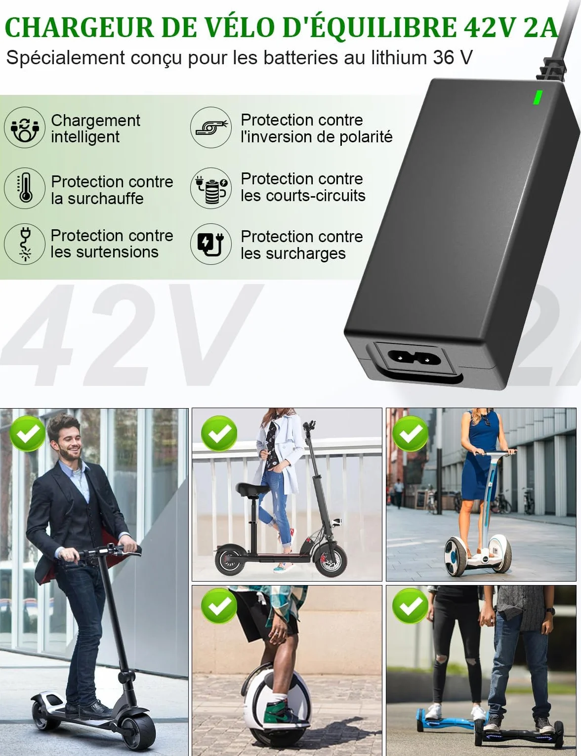 Chargeur Trotinette Electrique 42V 2A pour Hoverboard 36V Batterie Xiaomi M365 Pro 2