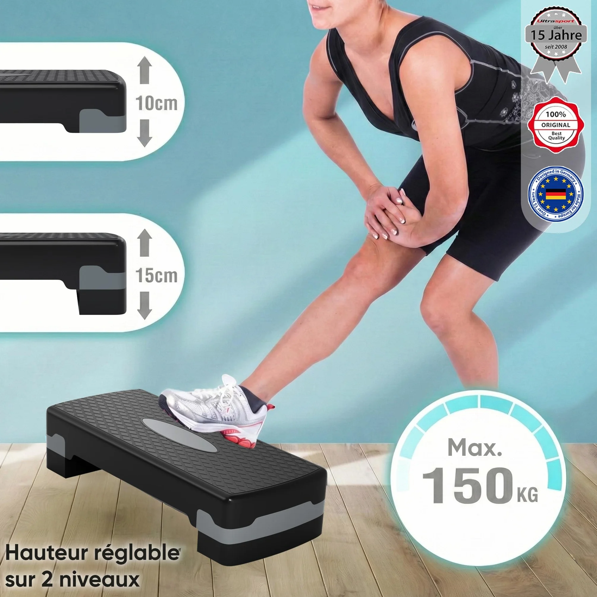Ultrasport Stepper Fitness Aérobic Antidérapant 2 Niveaux 68 x 28 cm Gris