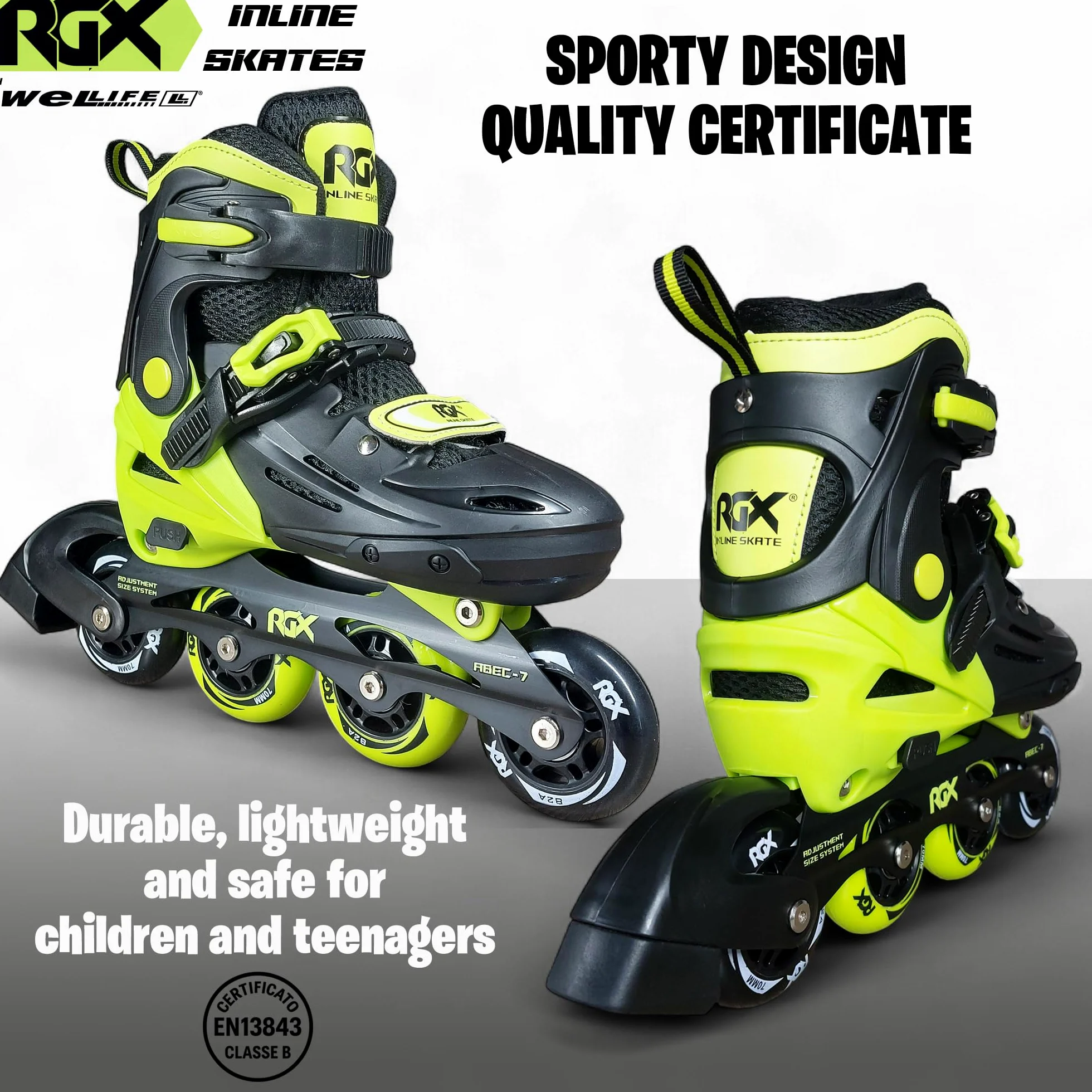 WeLLIFE RGX Patins en ligne réglables pour enfants et adolescents 4 tailles | Double configuration des roues pour débutants | Coque rigide et doublure en velours | plaque aluminium | roulements ABEC-7