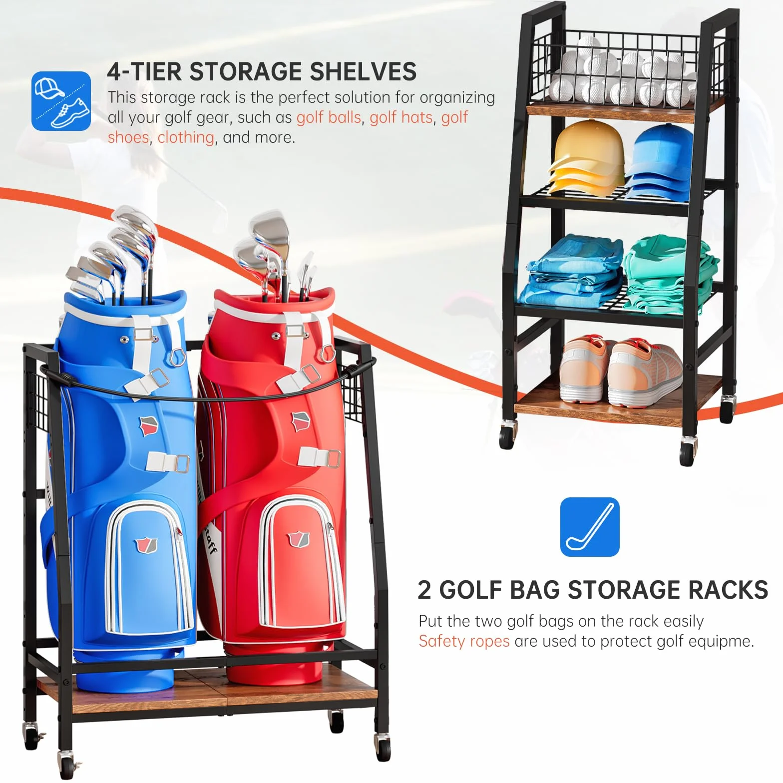 Support de Rangement pour Clubs de Golf avec Roulettes, Organisateur Robuste pour Sacs de Golf