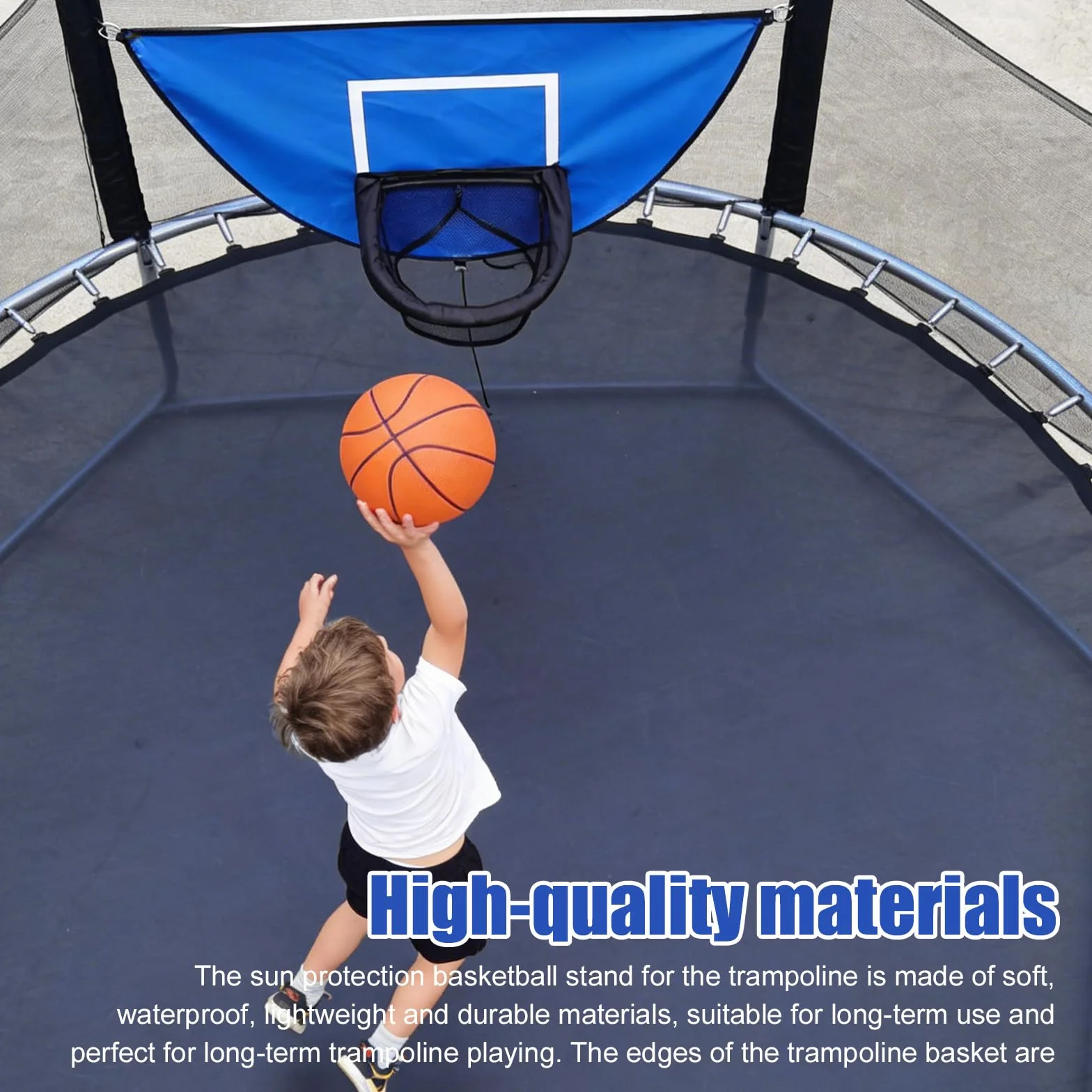 Panier de basket pour trampoline avec 4 mini ballons et pompe, support universel avec protection solaire - Bleu
