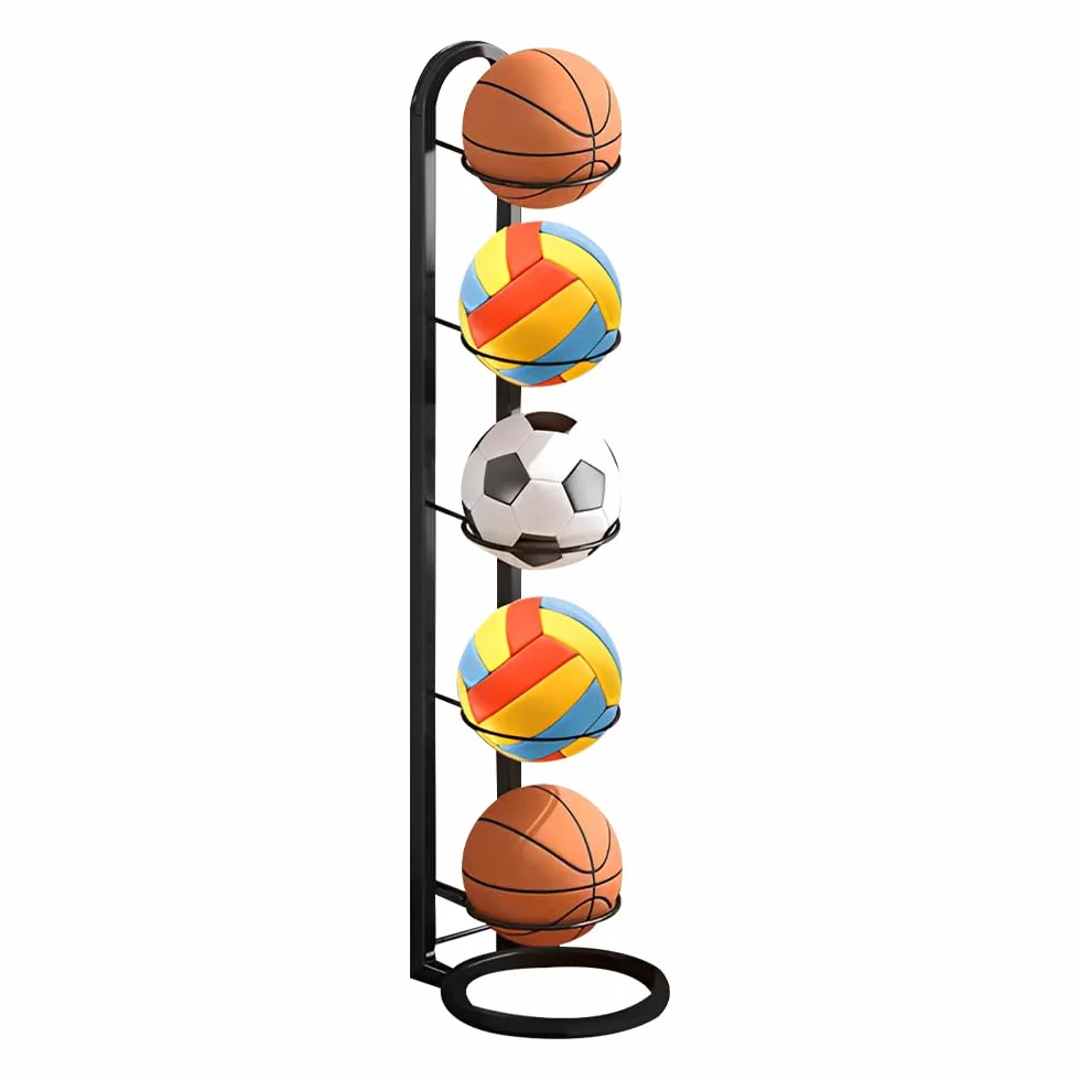 Porte Ballon Basket Métal 5 Niveaux Vertical Support Ballon Organiseur Noir