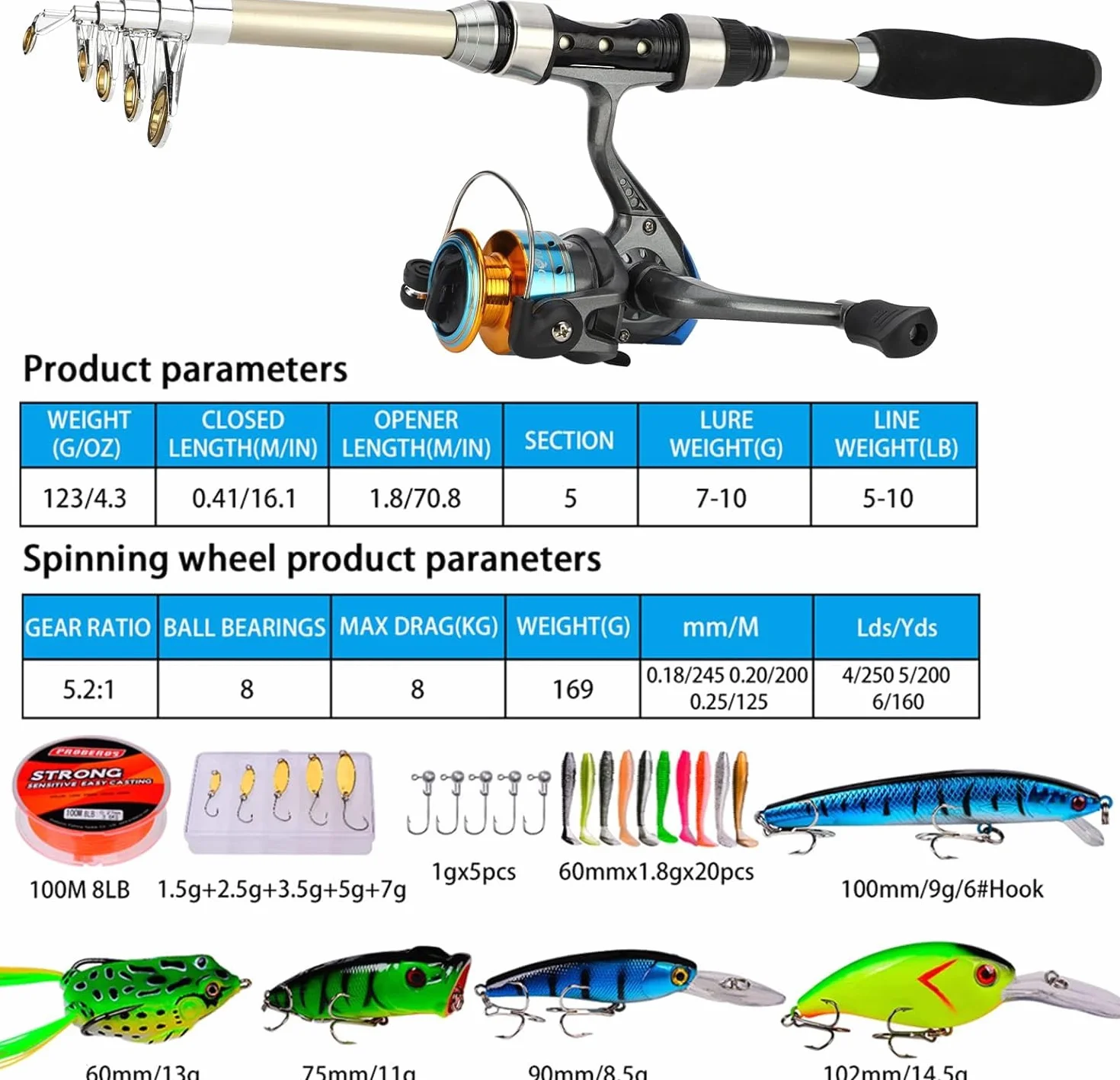 Kit Canne à Pêche Télescopique avec Moulinet, 1.8m, Surf, Sac de Transport