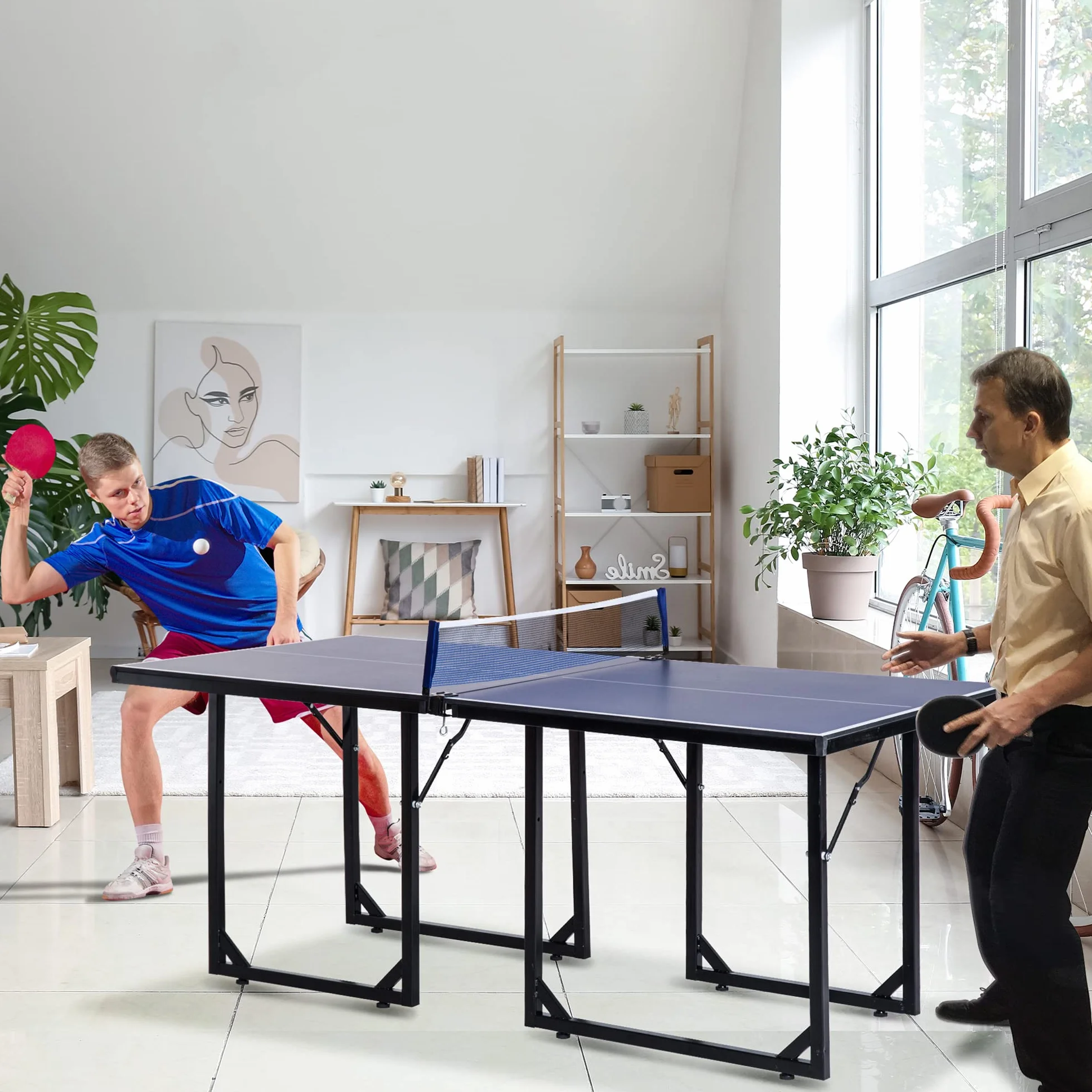 HOMCOM Table de ping-pong pliable 182 x 91 cm, facile à transporter, résistante aux intempéries, stable, table de tennis avec maille et cadre en acier, pour intérieur et extérieur, bleu