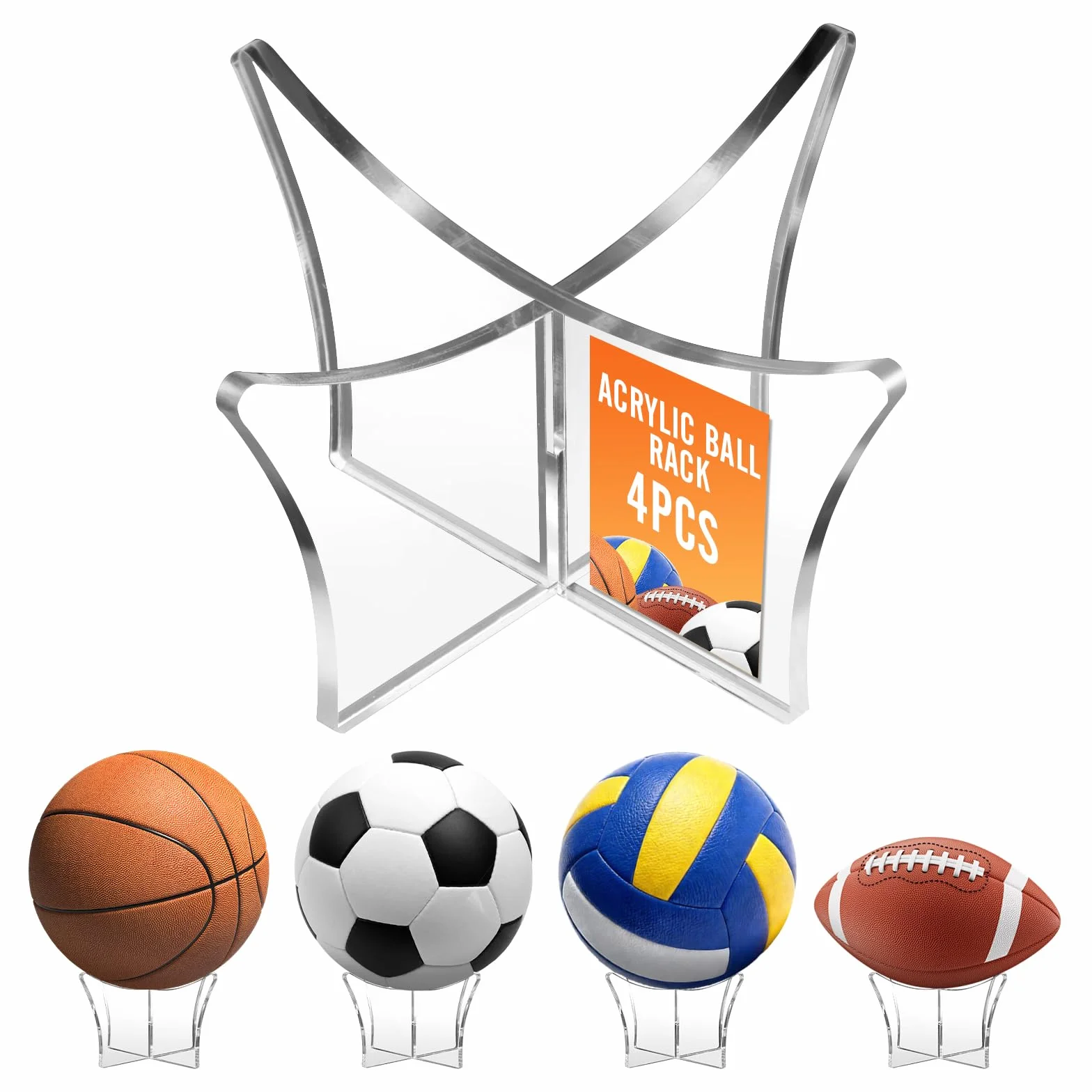 Support de Balle en Acrylique 4 Pièces Présentoir Multifonctionnel pour Basketball Volleyball Football Rugby