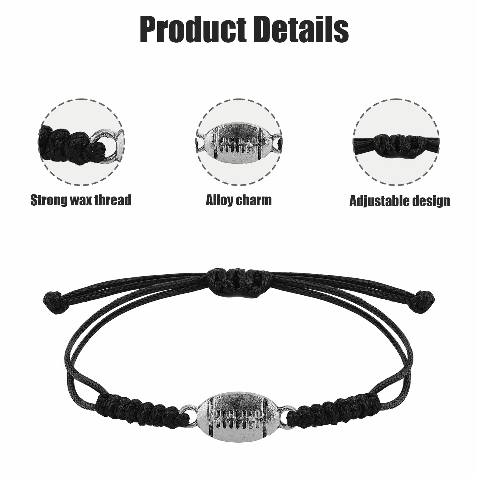 Bracelet Rugby Réglable Homme Corde Tressée avec Pendentif de Rugby 20pcs