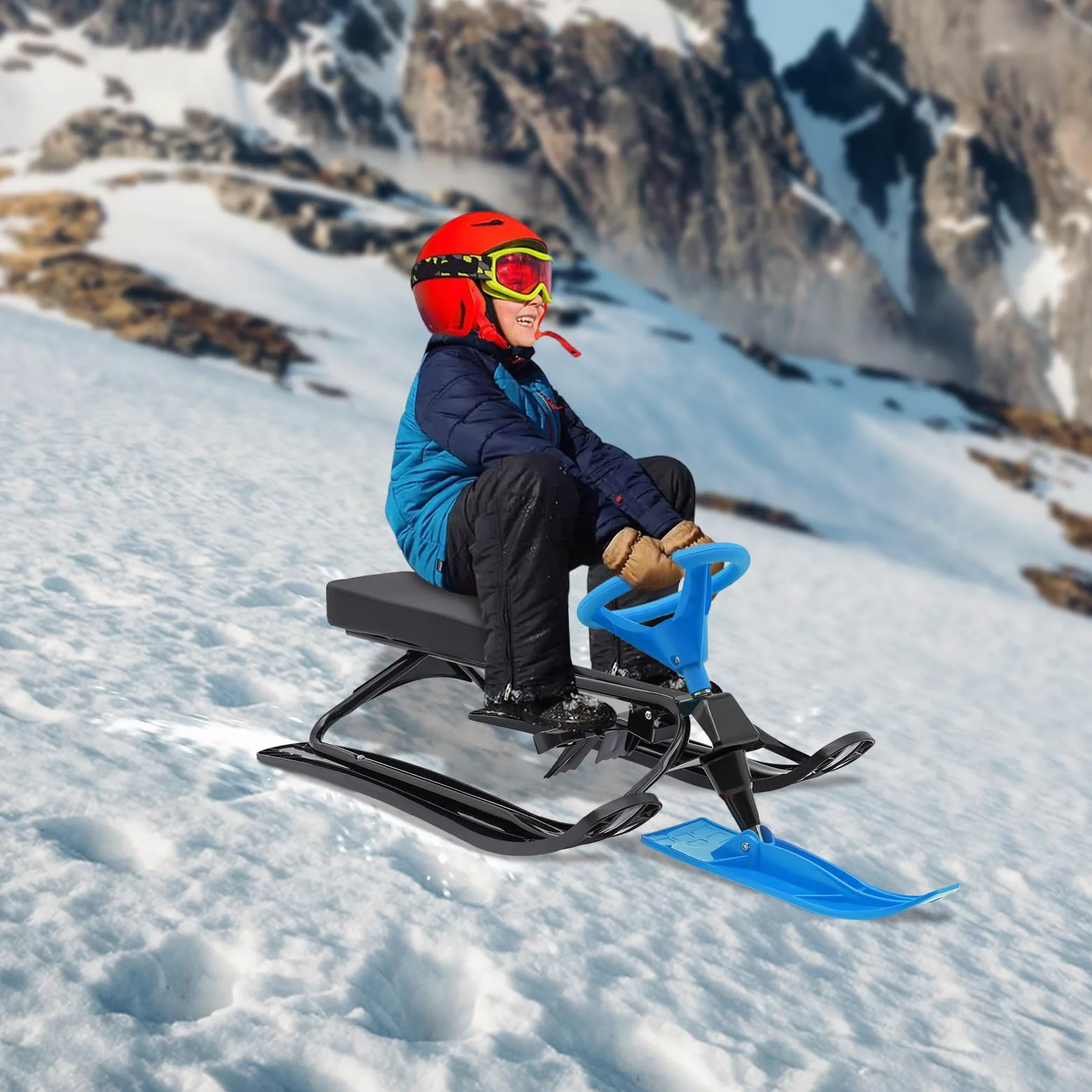 Luge de direction pour enfants et adultes avec volant, freins à pied, siège rembourré, cadre en métal, jusqu'à 100 kg