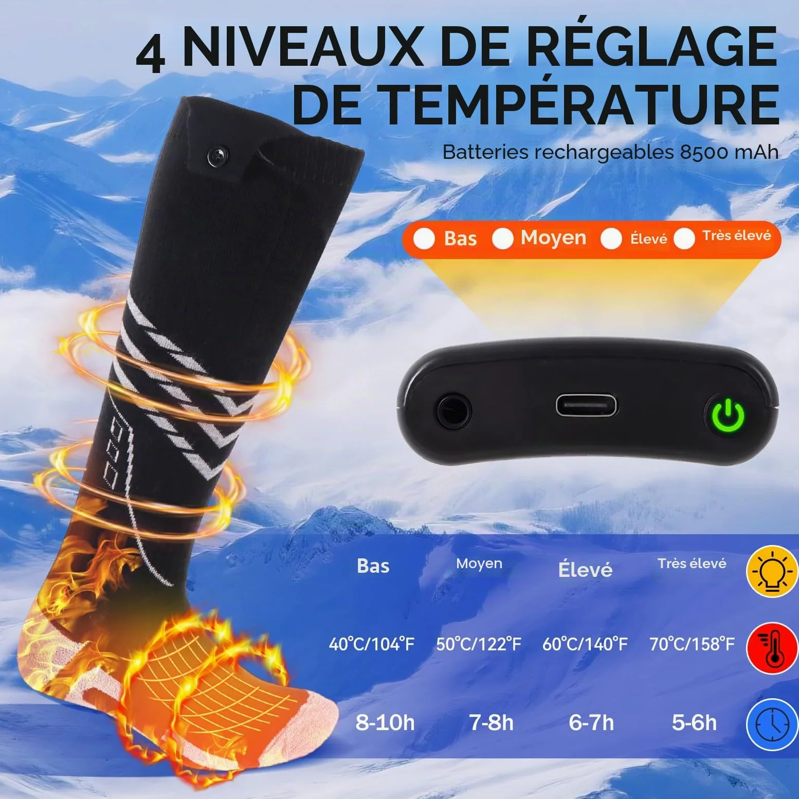 Ninonly Chaussettes Chauffantes pour Hommes Femmes 8500mAh Contrôle par APP 4 Niveaux de Chauffage Batterie Chaussette Chauffante Rechargeables pour Ski, Randonnée, Camping Activités M
