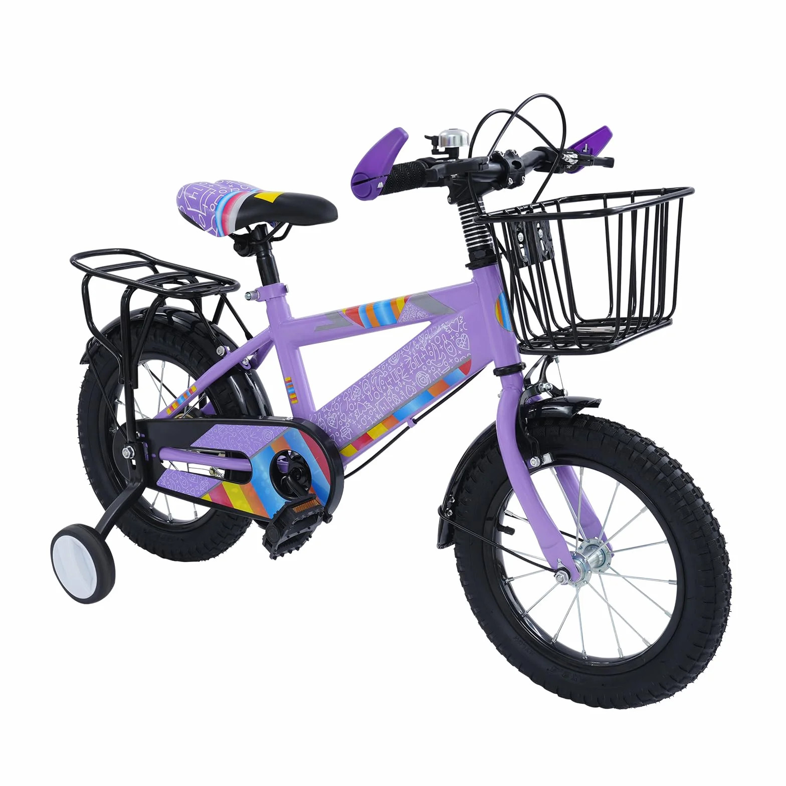 Vélo pour enfant 14 pouces avec siège arrière, panier et roues stabilisatrices, hauteur réglable 3 ans