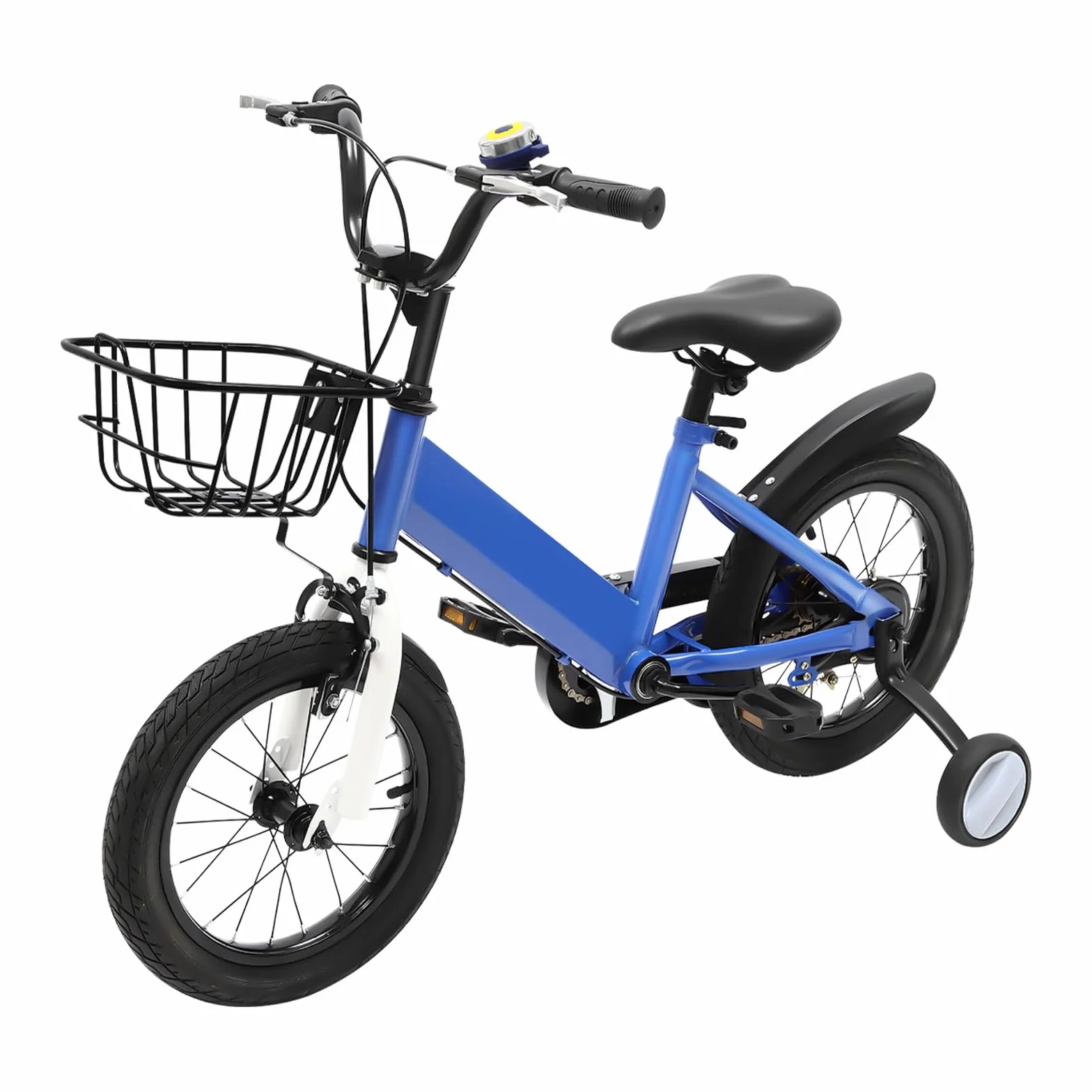 Vélo enfant 14 pouces avec roues stabilisatrices et panier, hauteur réglable, bleu