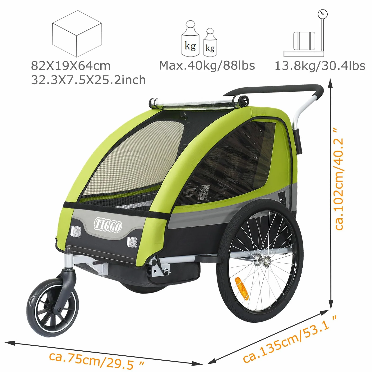 Tiggo T2 Remorque Enfants Vélo 2 en 1 Poussette Jogger Buggy 360° Roue Avant