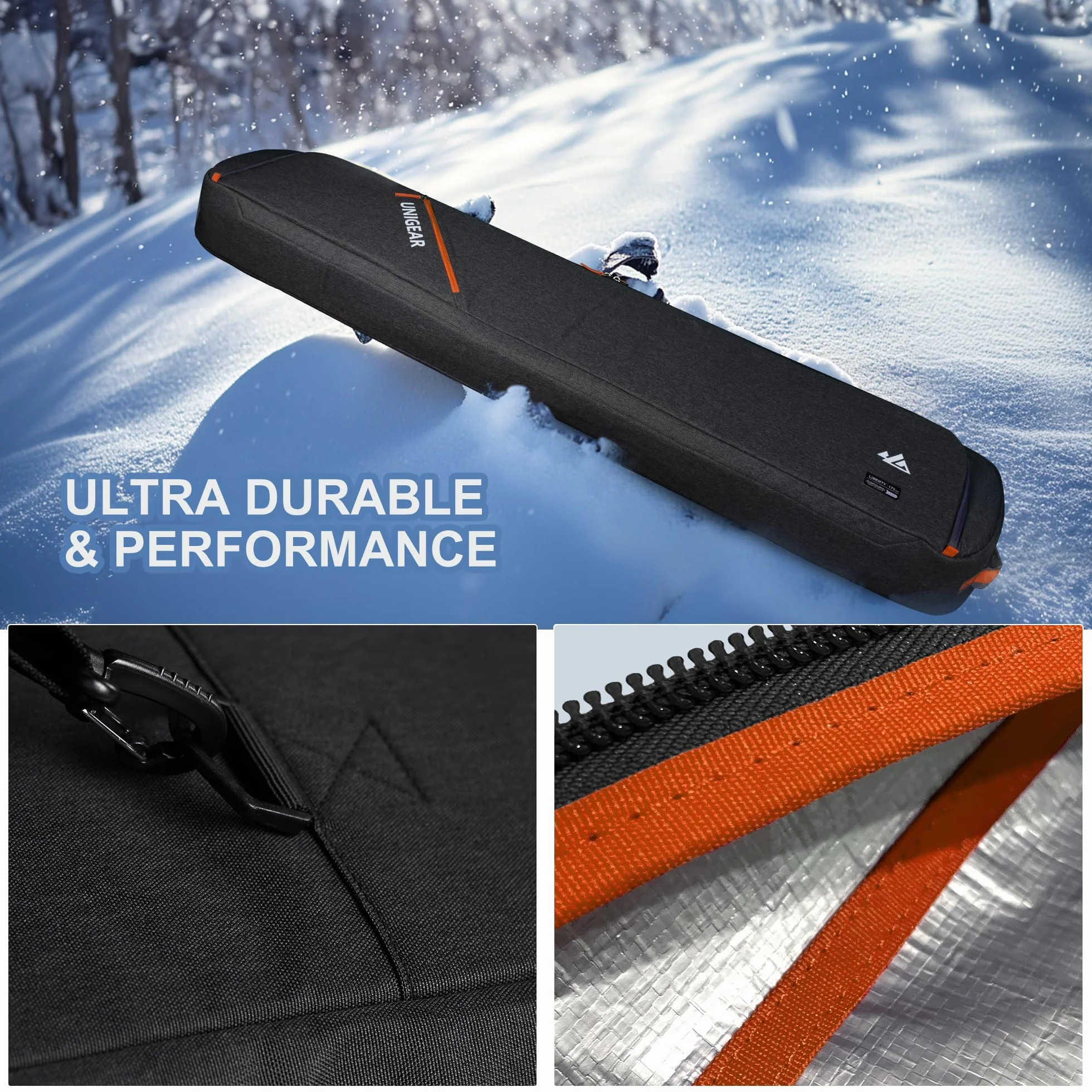 Unigear Sac de Ski Snowboard Durable et Résistant à l'eau 165/175 cm | Sac de ski spacieux, protection 360° en mousse EPE 10mm, tissu 600D résistant, conception ergonomique, idéal pour voyage