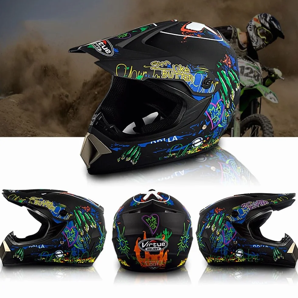 Casque Motocross Intégral Unisexe 9-14 Ans avec Lunettes Gants Masque