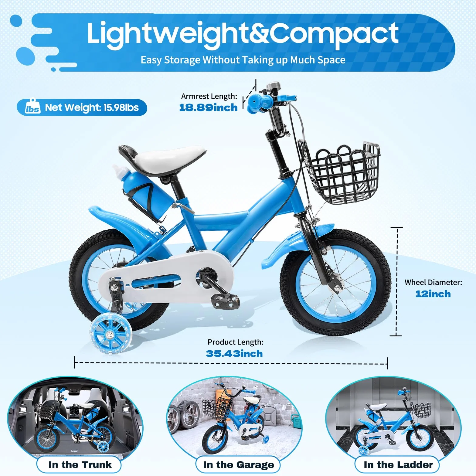 Vélo enfant 12 pouces double freins 2 roues entraînement panier rangement 2-4 ans