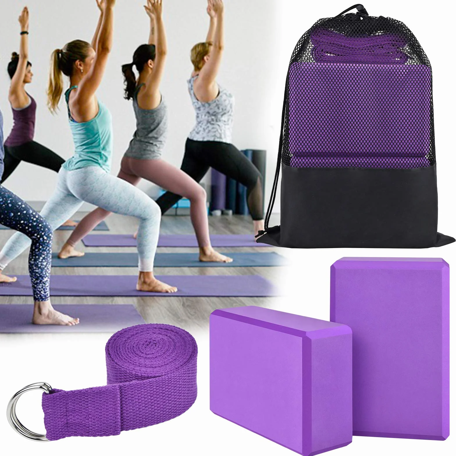 Lot 2 Blocs Yoga Brique Kit Accessoires Yoga avec Sangle et Sac de Yoga 4 Pièces